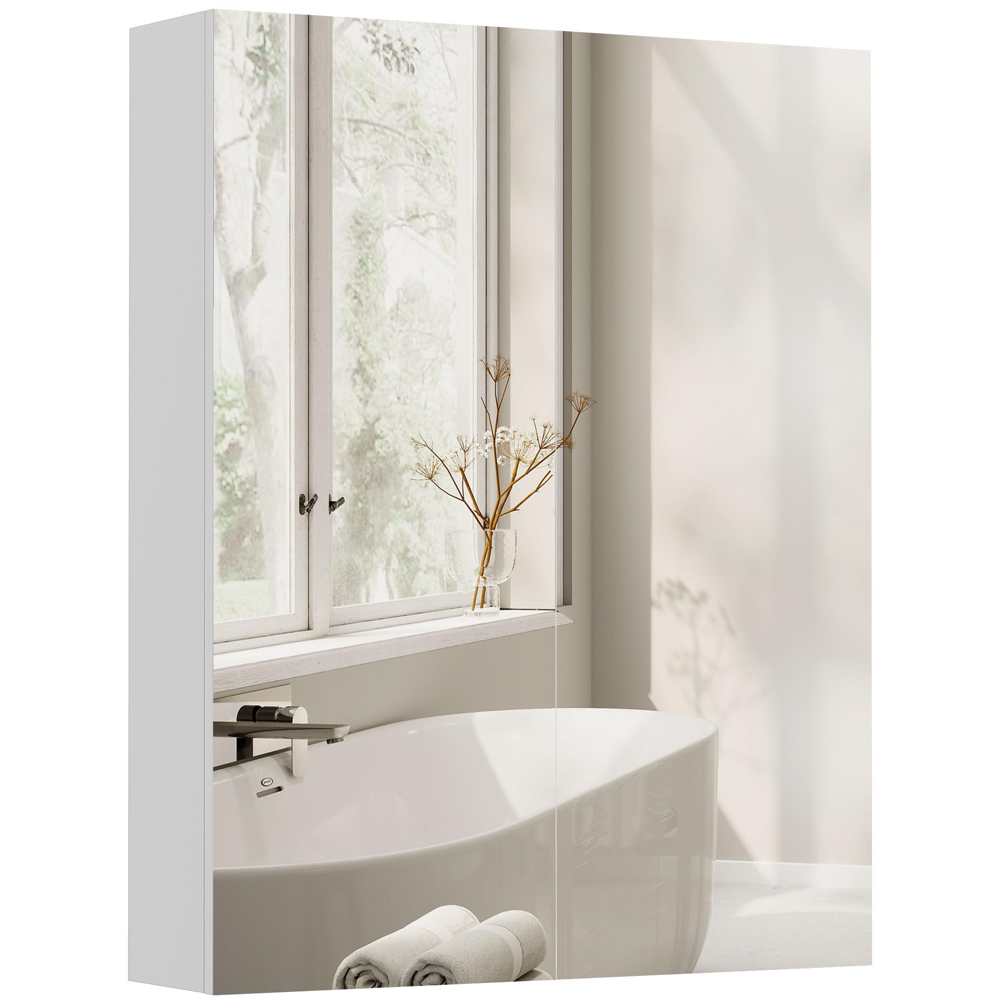 HOMCOM Armadietto Pensile da Bagno Due Ante con Specchiera e 2 Ripiani Interni, Mobiletto Bagno con Specchio e Soft Close in MDF, 60x15x75 cm, Bianco