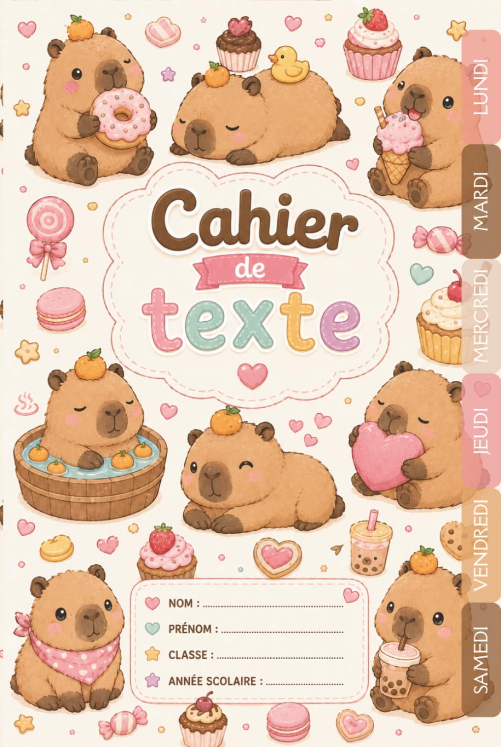 Cahier de Texte Capybara: Pour filles et garçons – CP, CE1, CE2, CM1, CM2 – Pratique pour toutes les matières – Motif kawaii – Relié.