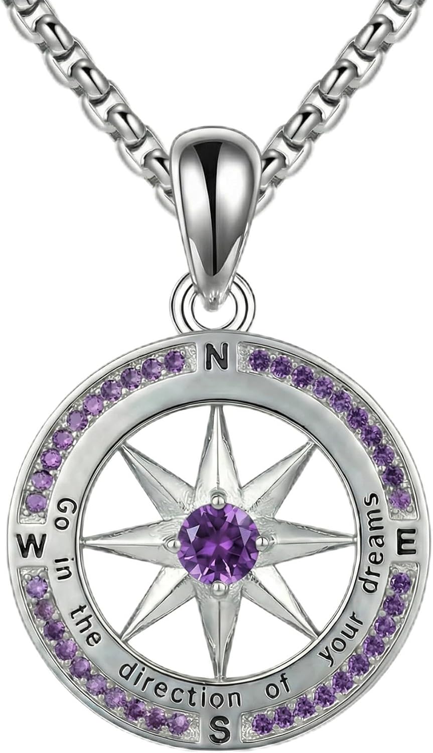 ONEFINITY Compass Necklace 18k White Gold Plated Compass Birthstone Pendant Necklace Birthstone Jewelry Anniversary Valentine Birthday Gifts for Women Men