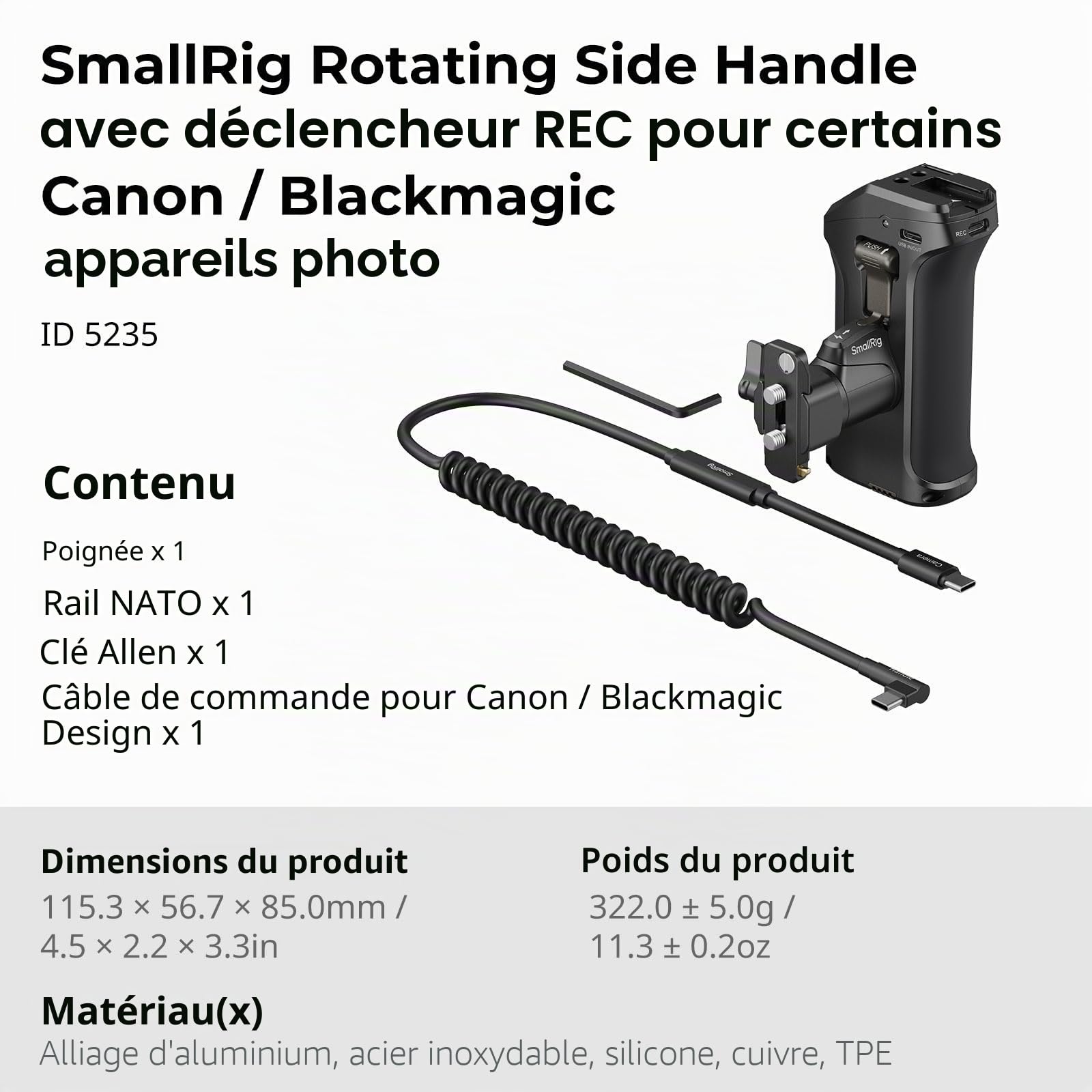SMALLRIG Poignée Latérale Rotative avec Déclencheur REC pour Canon R3/R5/R6caméras Blackmagic Design Sélectionnées, Compatible avec Batterie F550/570-5235