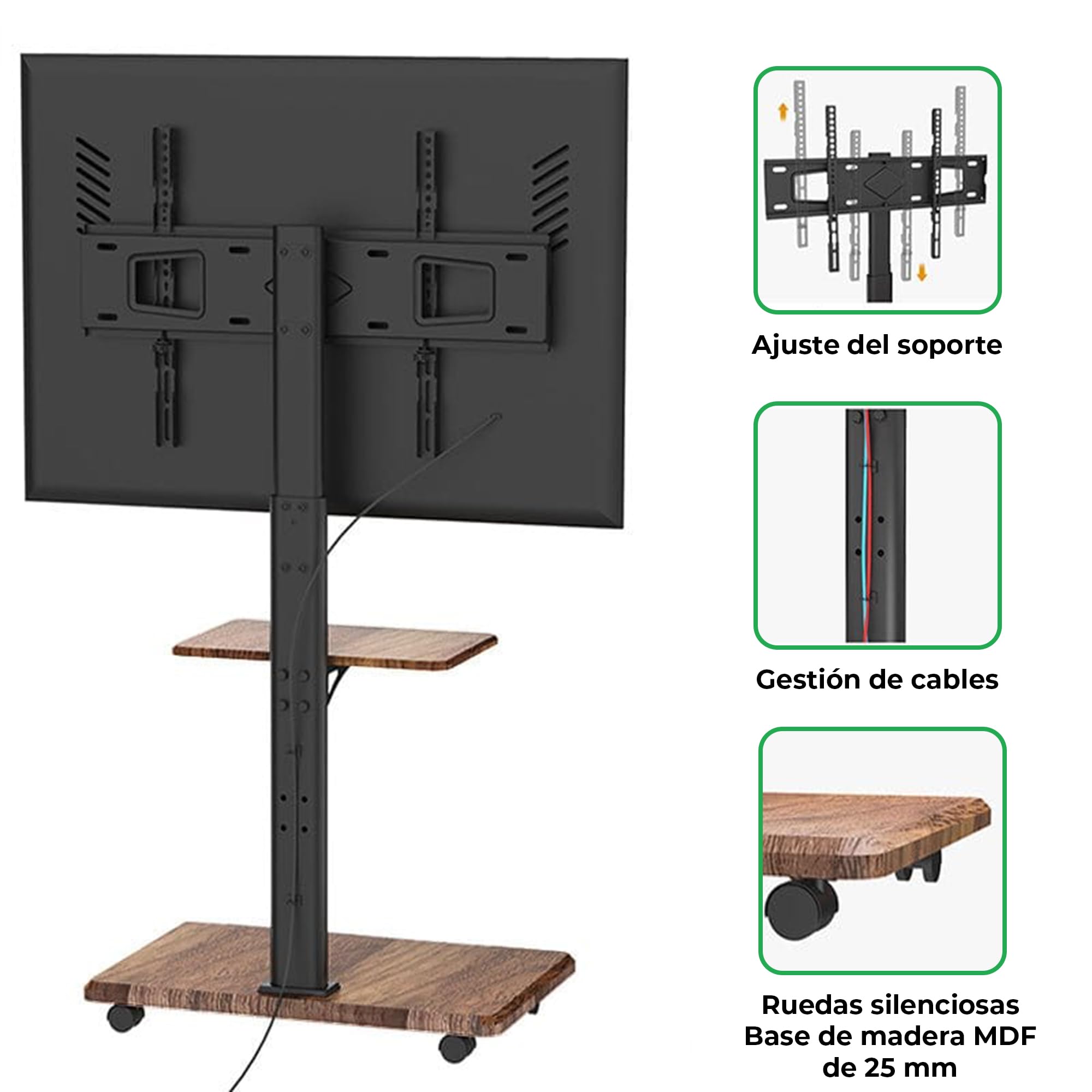 Soporte TV Pie Portátil Delphos con Base de Madera, Soporte TV Ruedas, para TV de 32-70" y hasta 45 kg, TV Stand Regulable en Altura hasta Aprox. 130 cm, Giratorio ±25°, VESA MAX. 600x400