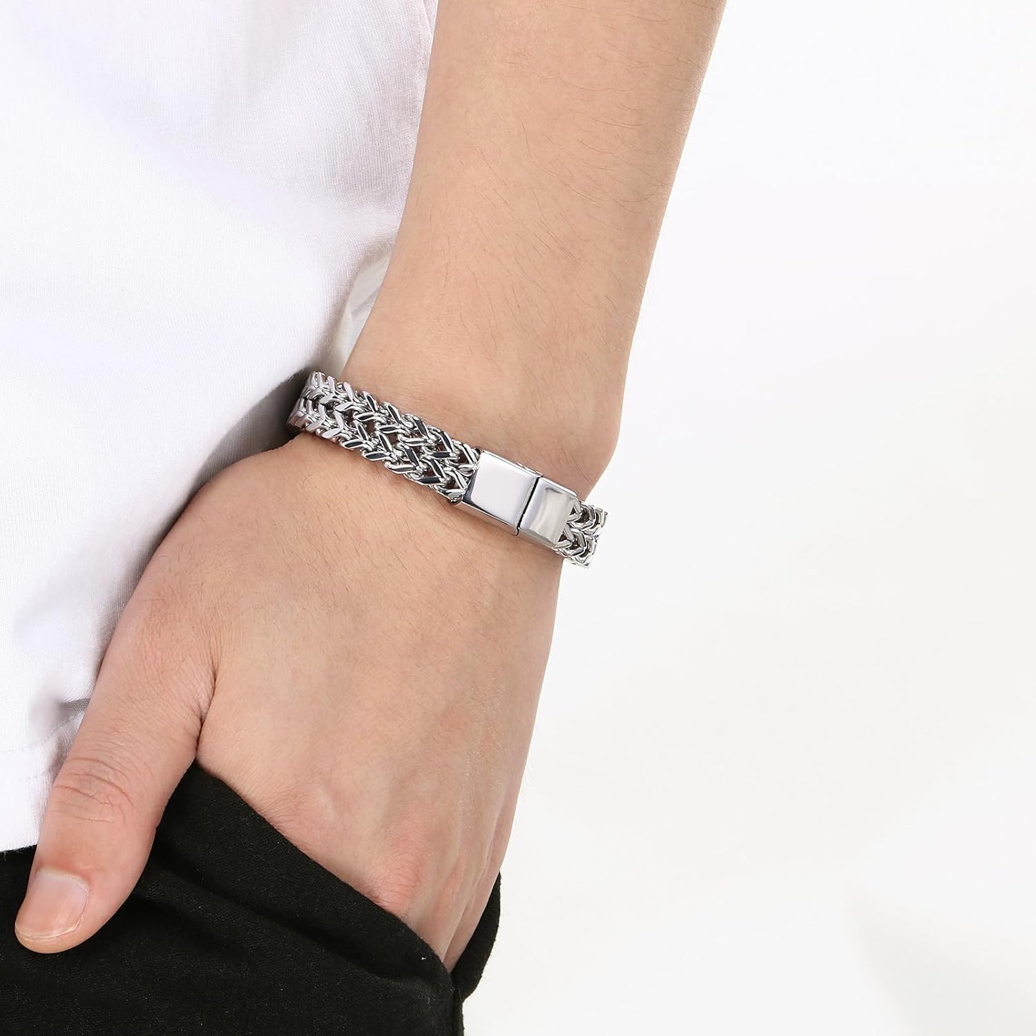 Mens Silver Bracelet Double Row Titanium Steel Bracelets for Men Woven Design Stainless Steel Punk Jewelry for Men Silver Cool Gifts for Him - Image 3