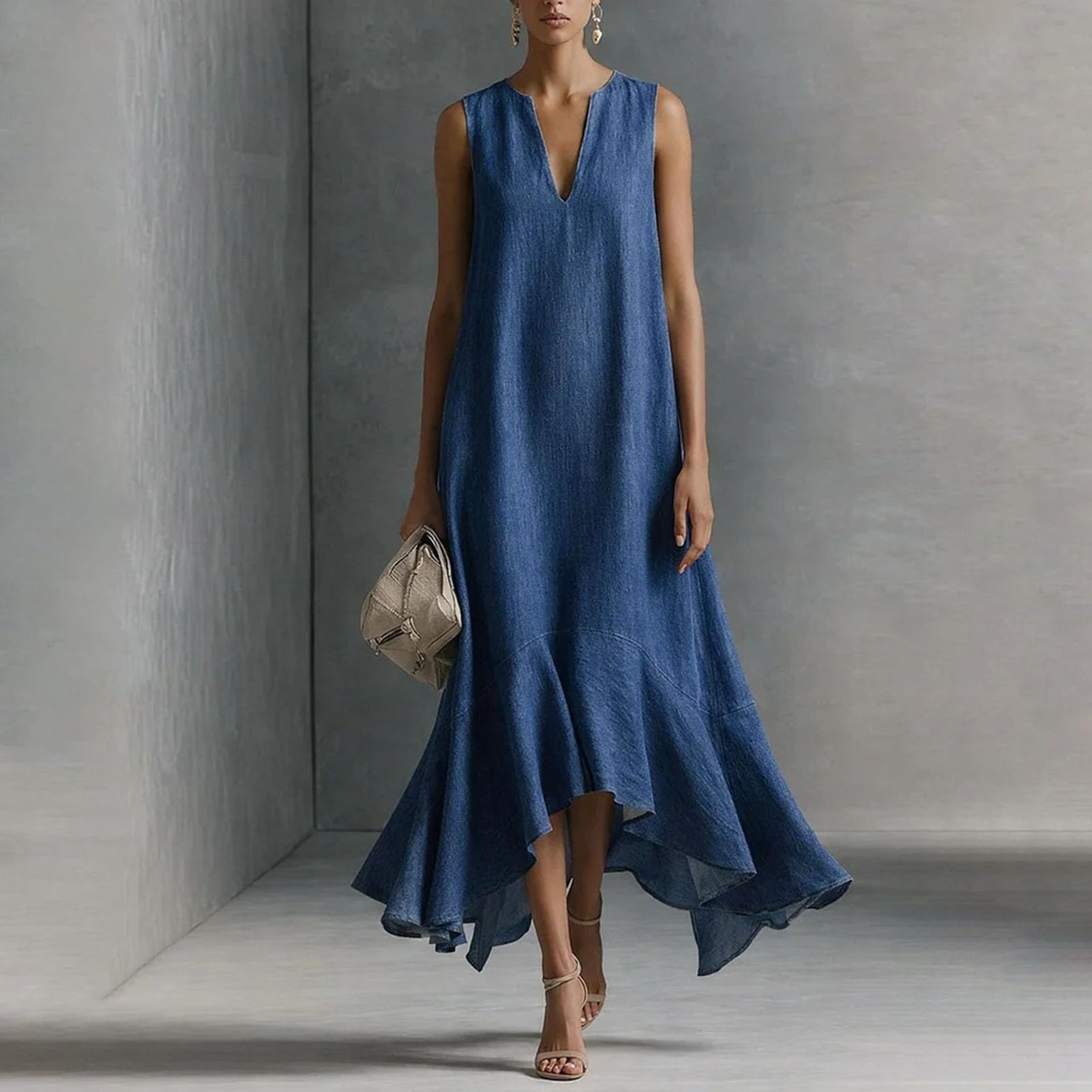 Robe longue en jean sans manches avec col en V pour femme, robe d'été décontractée pour les vacances à la plage et les loisirs quotidiens