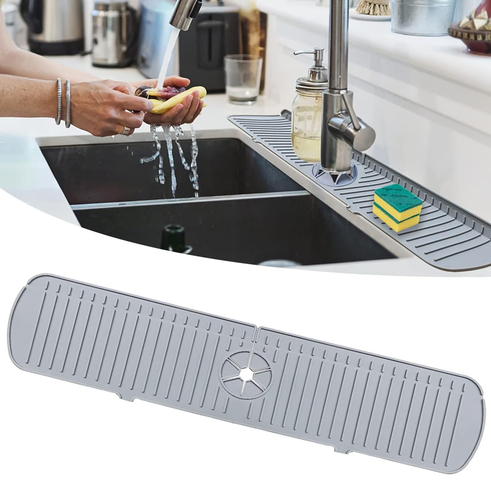 ZFanyun Kitchen Sink Splash Guard, Silicone Tap Handle Drip Resistant Tray, Kitchen Countertop, Bathroom, 61 cm Silicone Sink Mat, Drip Resistant Splash Resistant Countertop (Grey)