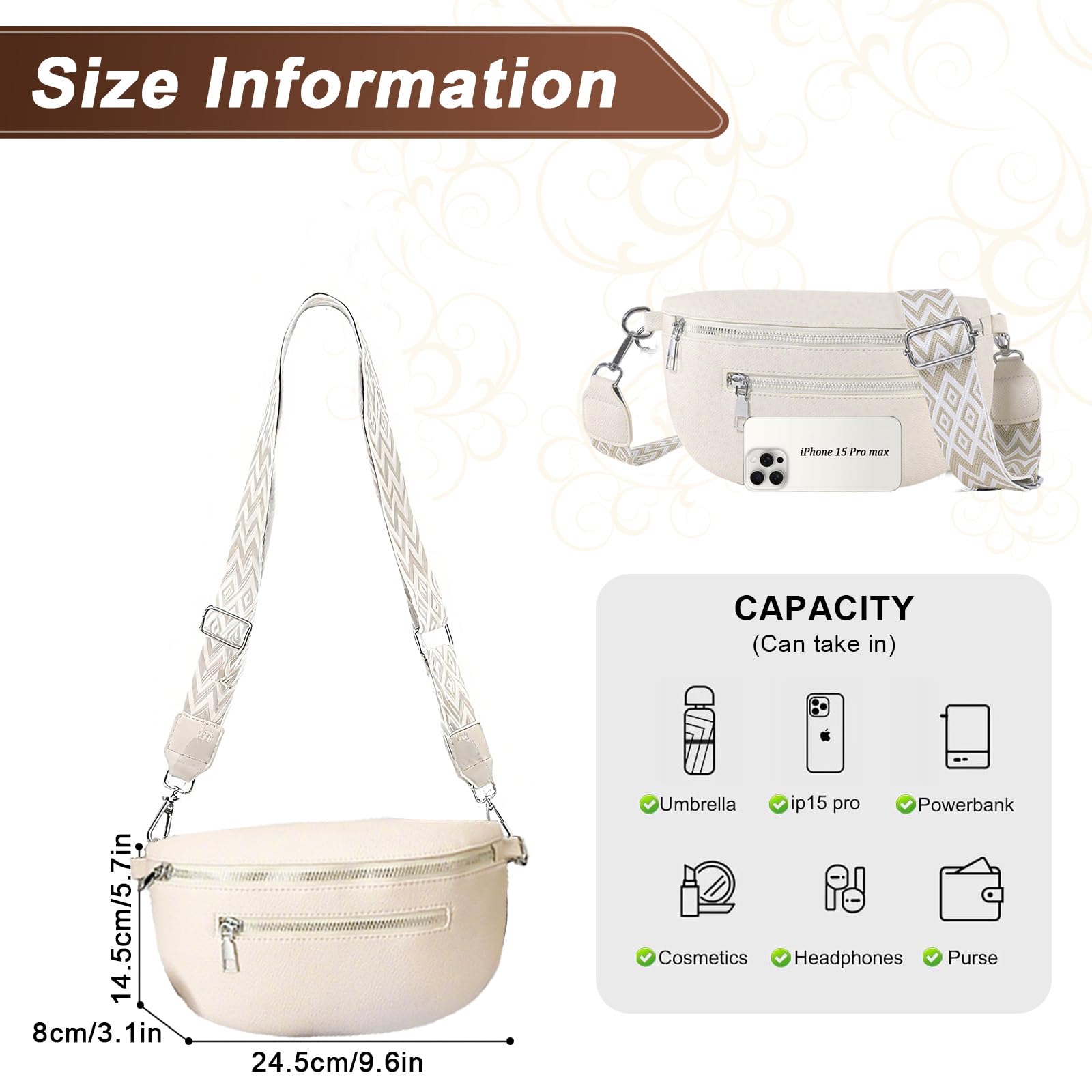 Sac Bandoulière Femme Large Bandoulière Sacs Banane Ville 24,5 * 14,5 cm Cuir Végan Pochette Femme Élégant Réglable Cadeau pour Voyages et Quotidien