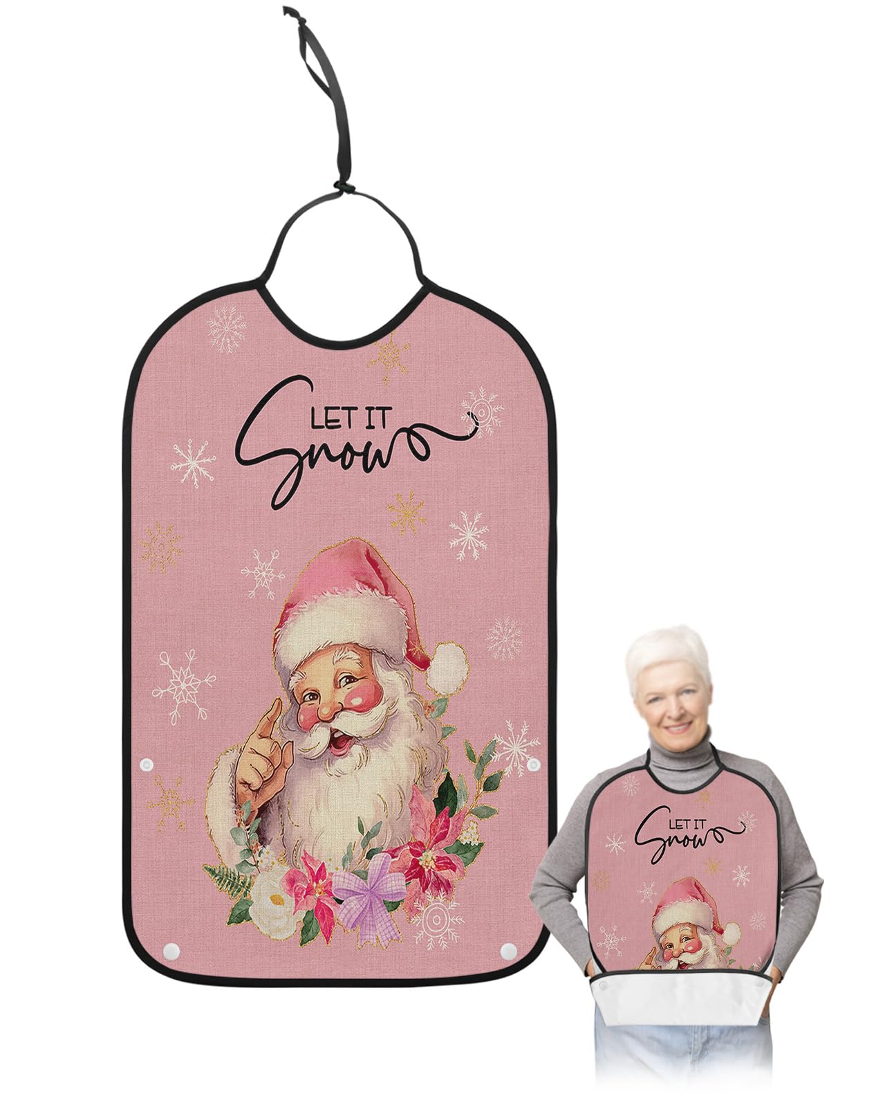 Pink Christmas Adult Bibs for Eating, Waterproof Bibs with Food Catcher & Adjustable Snap Closure, Santa Winter Snowflake Botanical Rustic Washable Clothing Protectors Adult Bibs for Elderly Women/Men