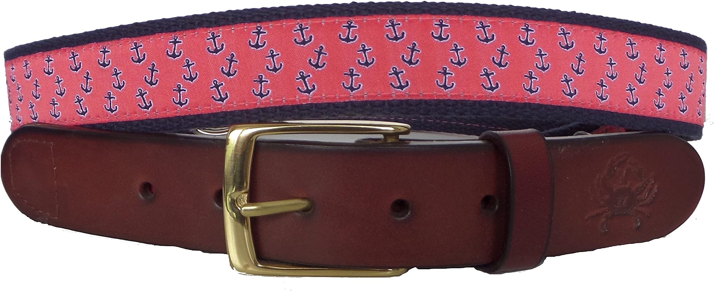 Men's Nautical Anchor Leather Belt, Nautical Anchor Ribbon on Royal Blue