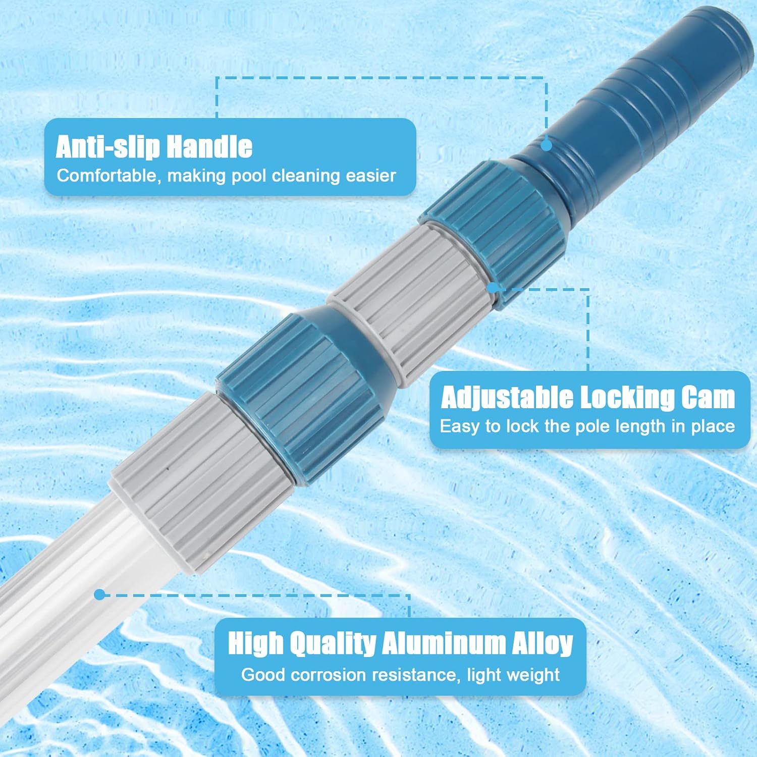 Professional 16 Foot Telescopic Aluminum Swimming Pool Pole - Attach Connect Skimmer Nets, Rakes, Brushes, Vacuum Heads Cleaning - Image 6