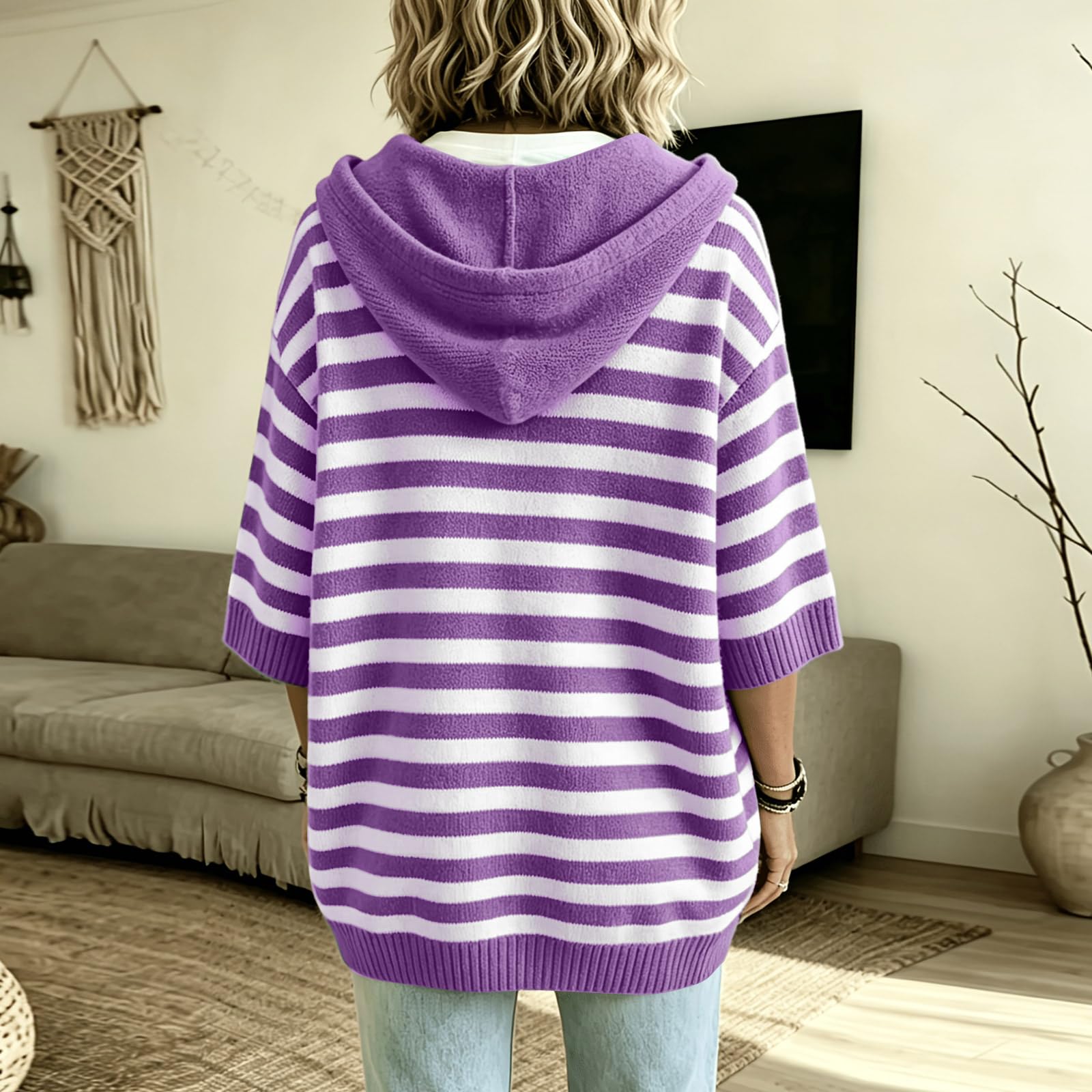 Pullover Damen 3/4 Arm Gestreiftes Strick Shirt Lose College Hoodie