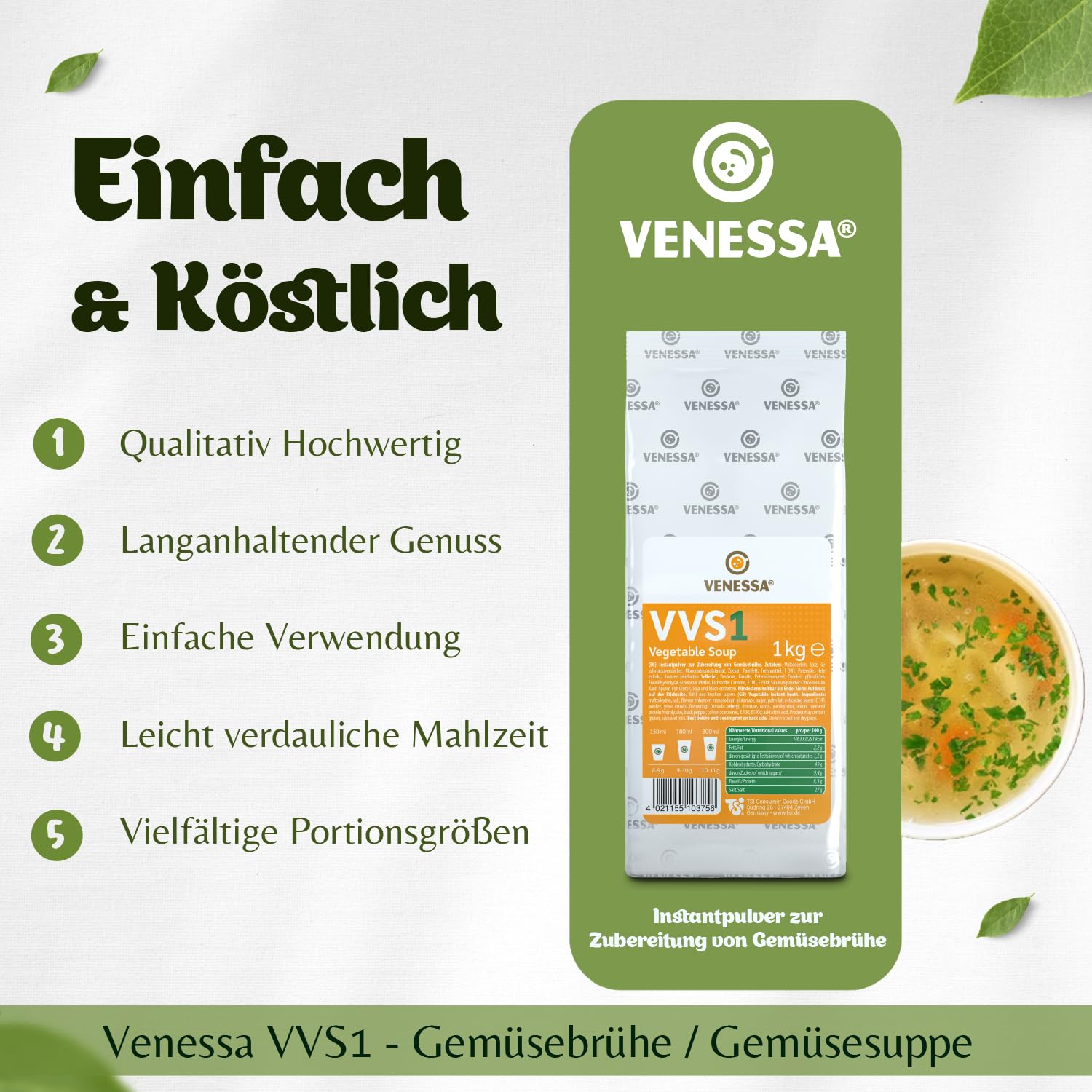 Venessa VVS1 Sopa de verduras 10 x 1 kg - Fresco y fino - Sabor vegetal natural - Soluble, sin grumos - Adecuado para todas las máquinas de café Vending, oficinas, autoridades