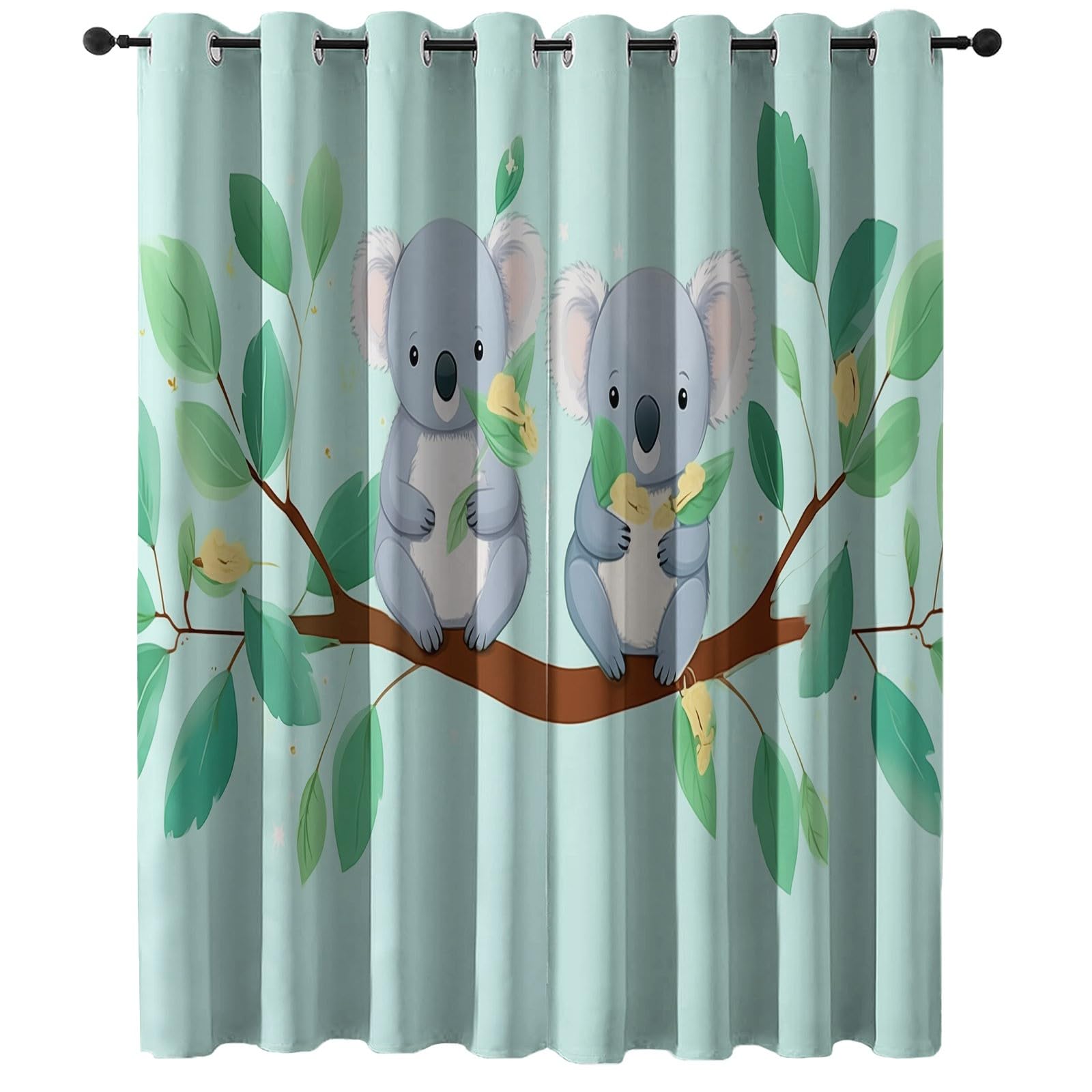 100% Zasłony Zaciemniające H 175 X B 140 Cm (2 szt.), Kreskówka Koala Eukaliptusowe Gałęzie Nieprzezroczyste Termiczne z Oczkami, Izolatory Światła, Zimno i Ciepło do Sypialni, Salonu, Jadalni