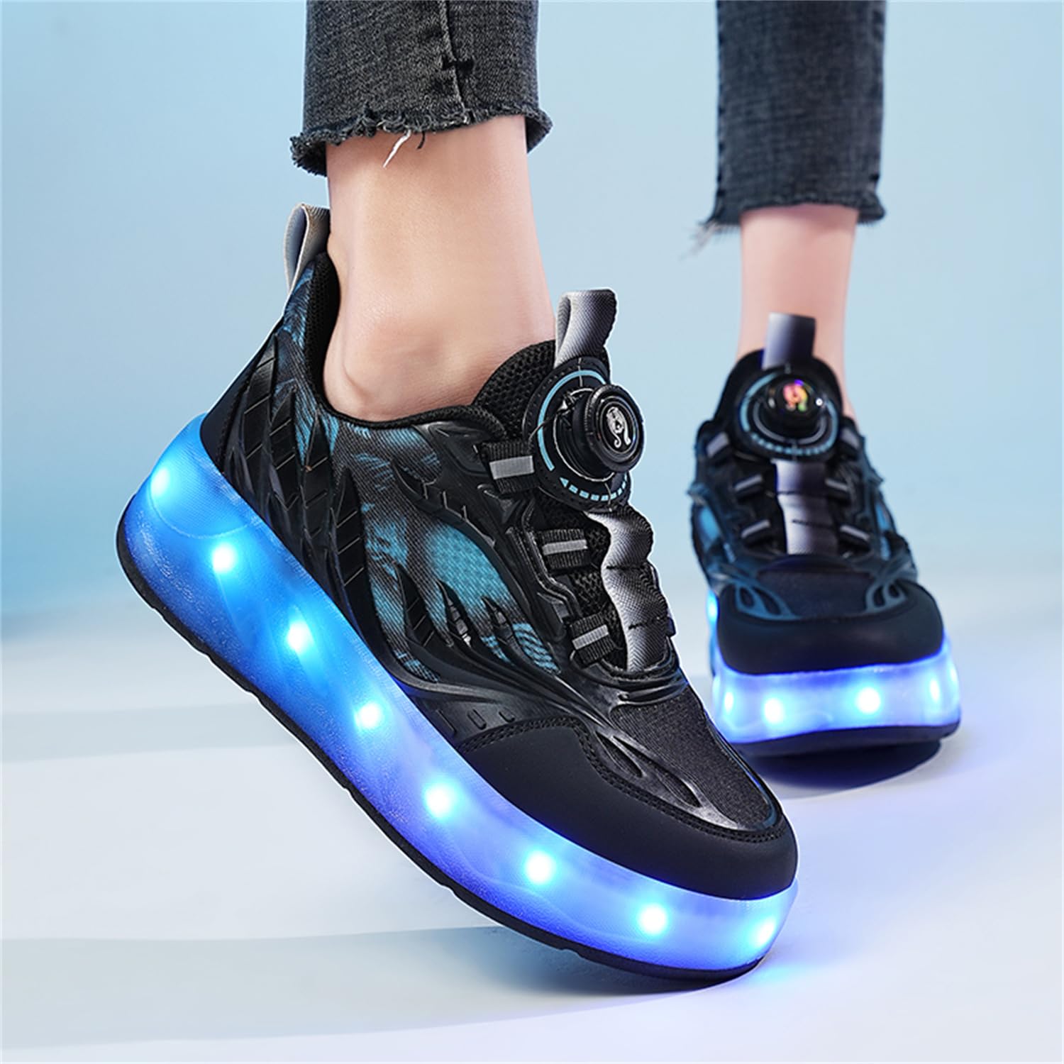 Unisex Kinder LED Licht USB Wiederaufladbar Skateboardschuhe mit Vier Rollen,Abnehmbar, Stabiler und Sicherer Outdoor Sport Fitnessschuhe Gymnastik Running Sneaker für Jungen Mädchen