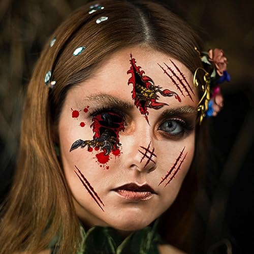 Miniatura 6 de 8 piezas de tatuajes faciales de Halloween, de terror, realista, falsa herida sangrienta, cicatriz, impermeable, temporal, tatuaje, calcomanías de