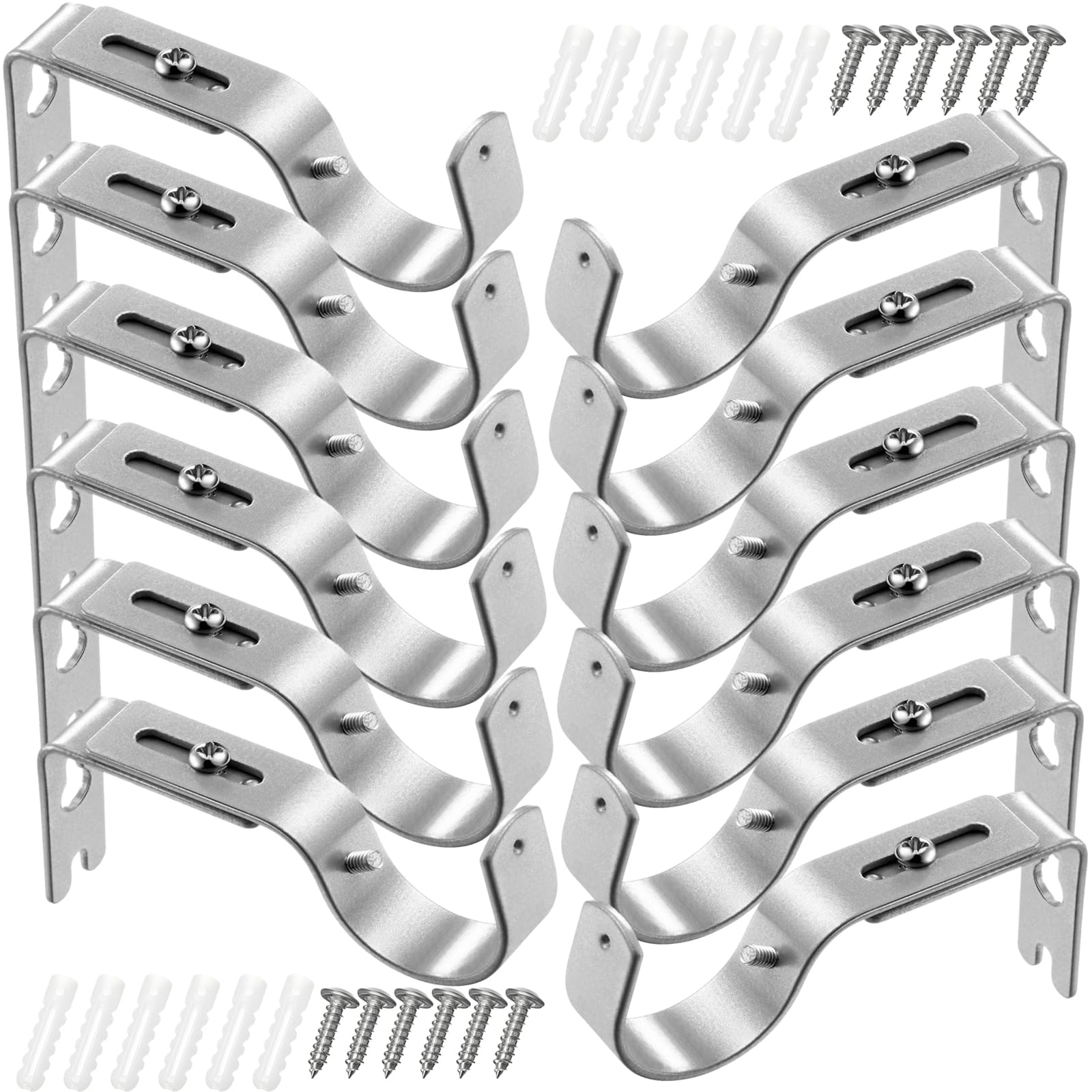 Frienda 6 paia di staffe per asta per tende regolabili generali per aste per tende, ganci da parete, per esterni, con viti per asta per tende da 2,5 cm di diametro (argento opaco)