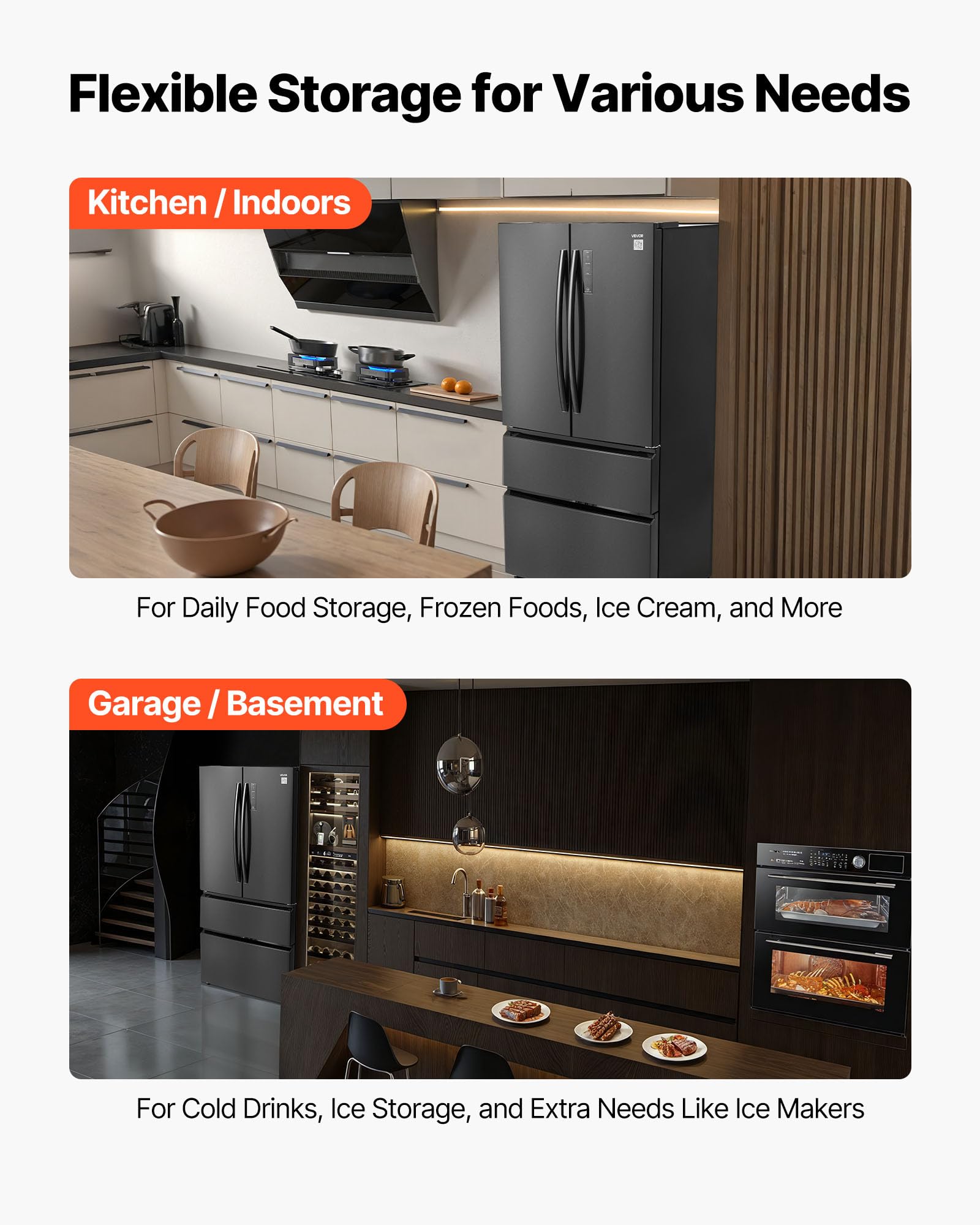 VEVOR French Door Refrigerator, 18.9 Cu. Ft. Kitchen Fridge, Counter Depth French Refrigerator With LED Display And 4 Casters, Frost-Free Bottom Freezer Refrigerators For Home & Commercial Use, Black on Fridge.com - View 6