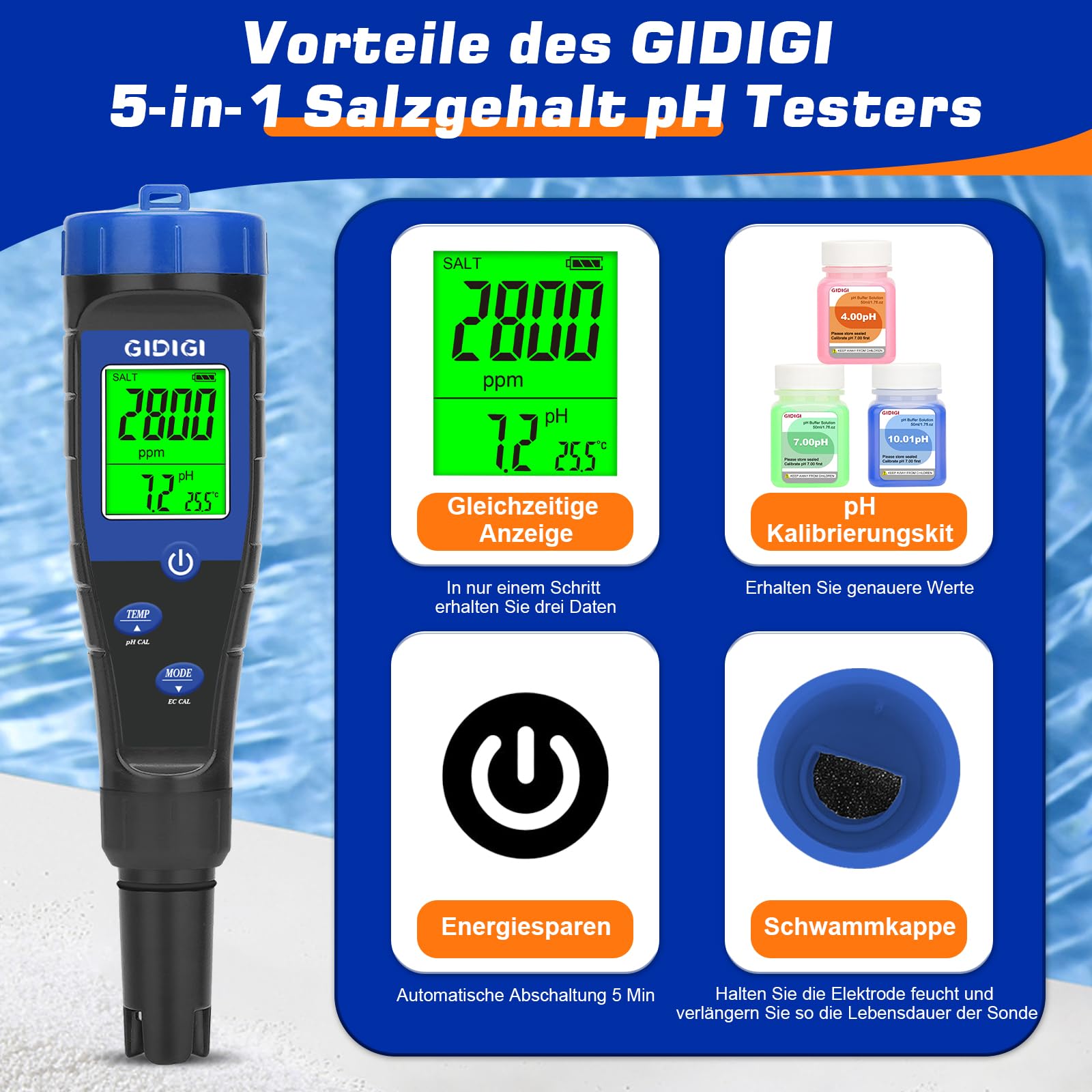 pH Messgerät Salztester für Pool,Digitales 5-in-1 pH TDS EC Salzgehaltmessgerät mit Kalibrierungslösungssatz, pH ppm Meter für Salzwasserpool, Aquarium, Whirlpool, Spa, Hydrokultur, Hausgebräu