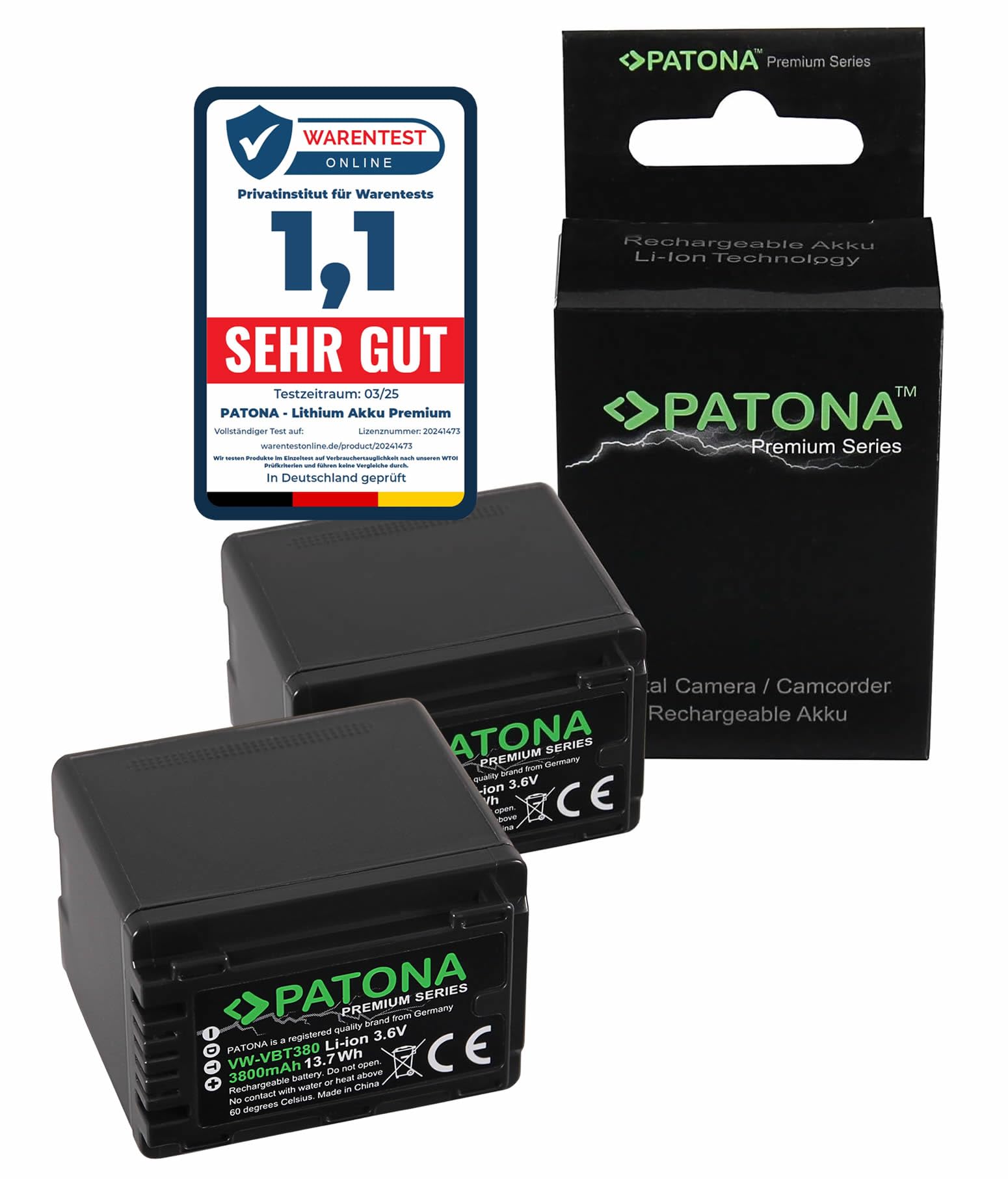 PATONA 2 batterie premium VW-VBT380 3800 mAh compatibili con Panasonic HC V110 V120 V180 V250 V380 V550 V750EB V770EB VX870 HC-VXf11 VXF999 WX979 HDC HS60 SD80. TM60 SDR H85 T50 VBT380 VBT380E