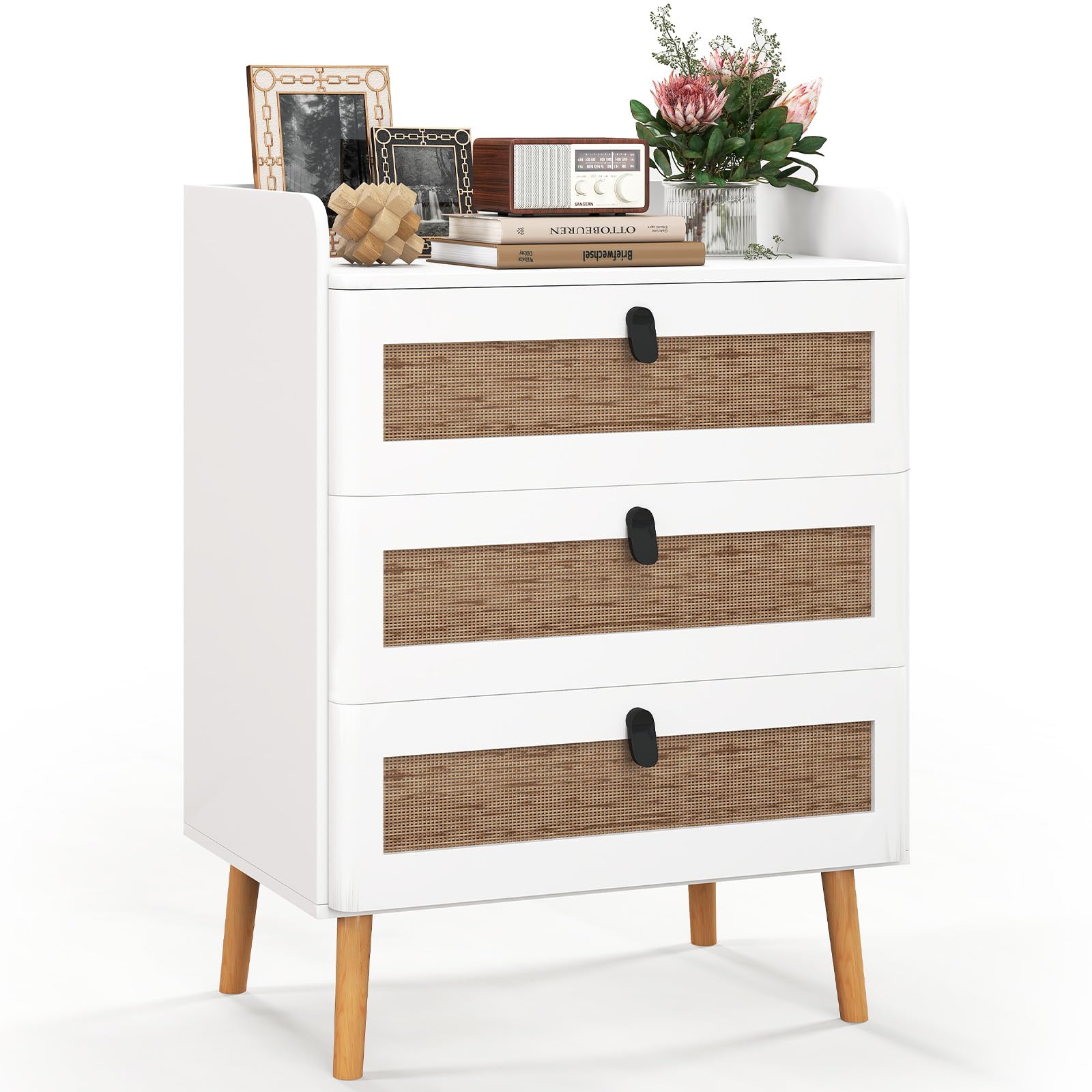 Giantex Rattan Nightstand, Boho 3-Drawer Dresser with 4 Solid Wood Legs, 29.5" Wood Bedside Table for Small Space, Modern Accent Side Table Chest of