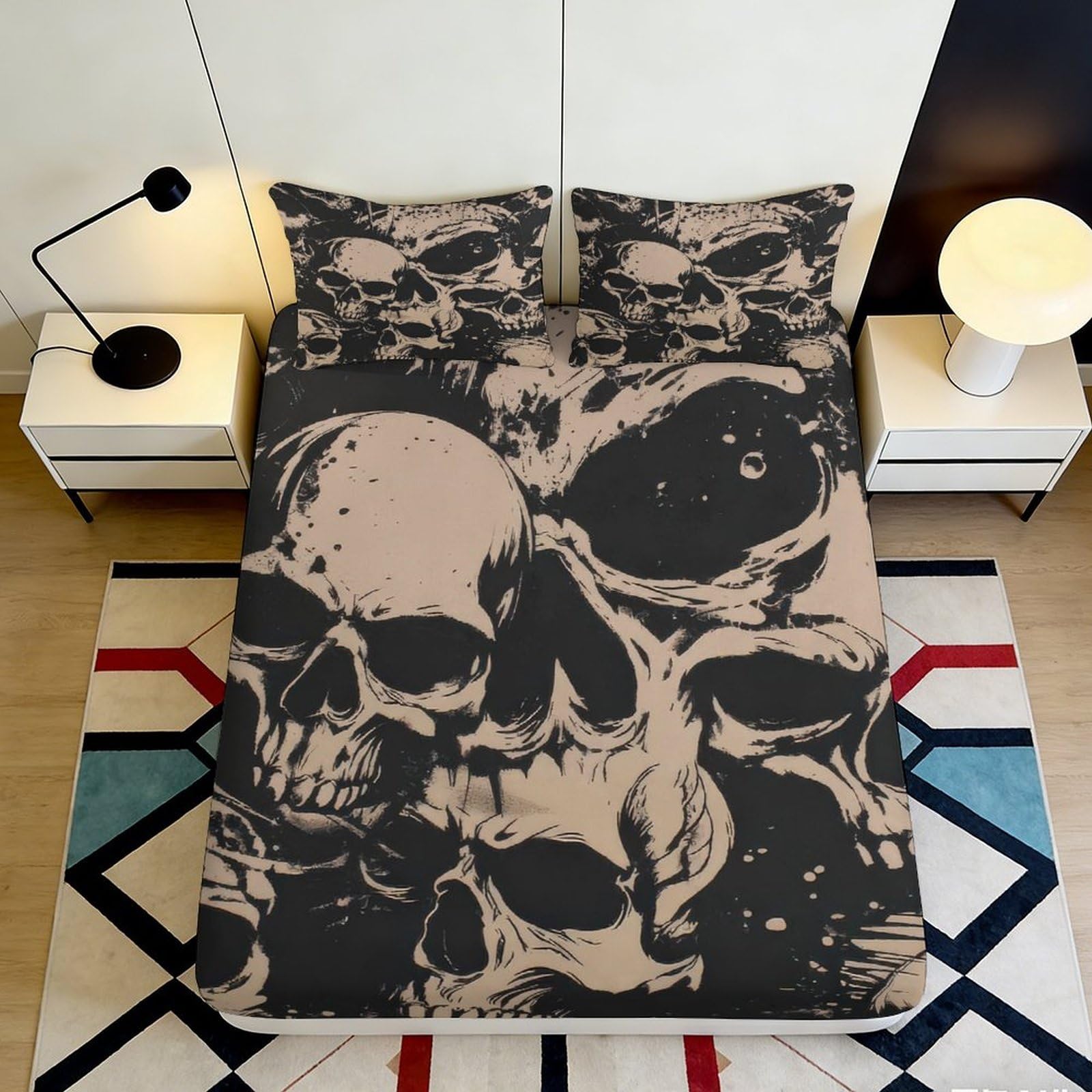 3D Printed Skull Art Fitted Sheet Microfiber Black Gothic Skeleton Mattress Cover for Bedroom Dorm Protection Decor 90x200x25cm