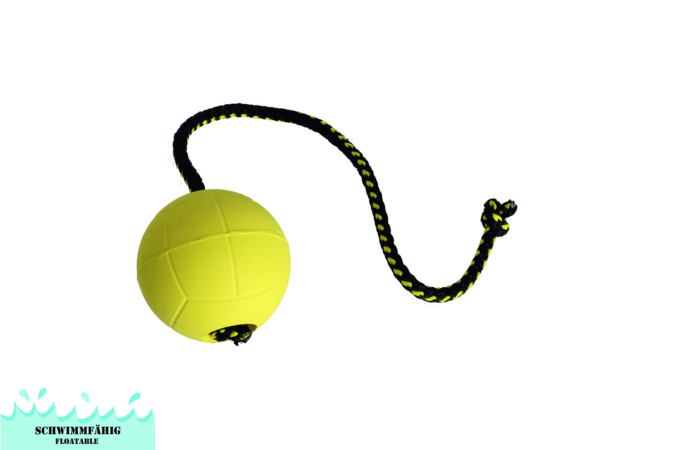 Dingo Gear Ball für Training schwimmed Ball weich Gummiball Farbe Gelb apport Spiel mit Hund Ausbildung (Set Ballhalter+ Bäll # 70 mm Seil 30 cm)