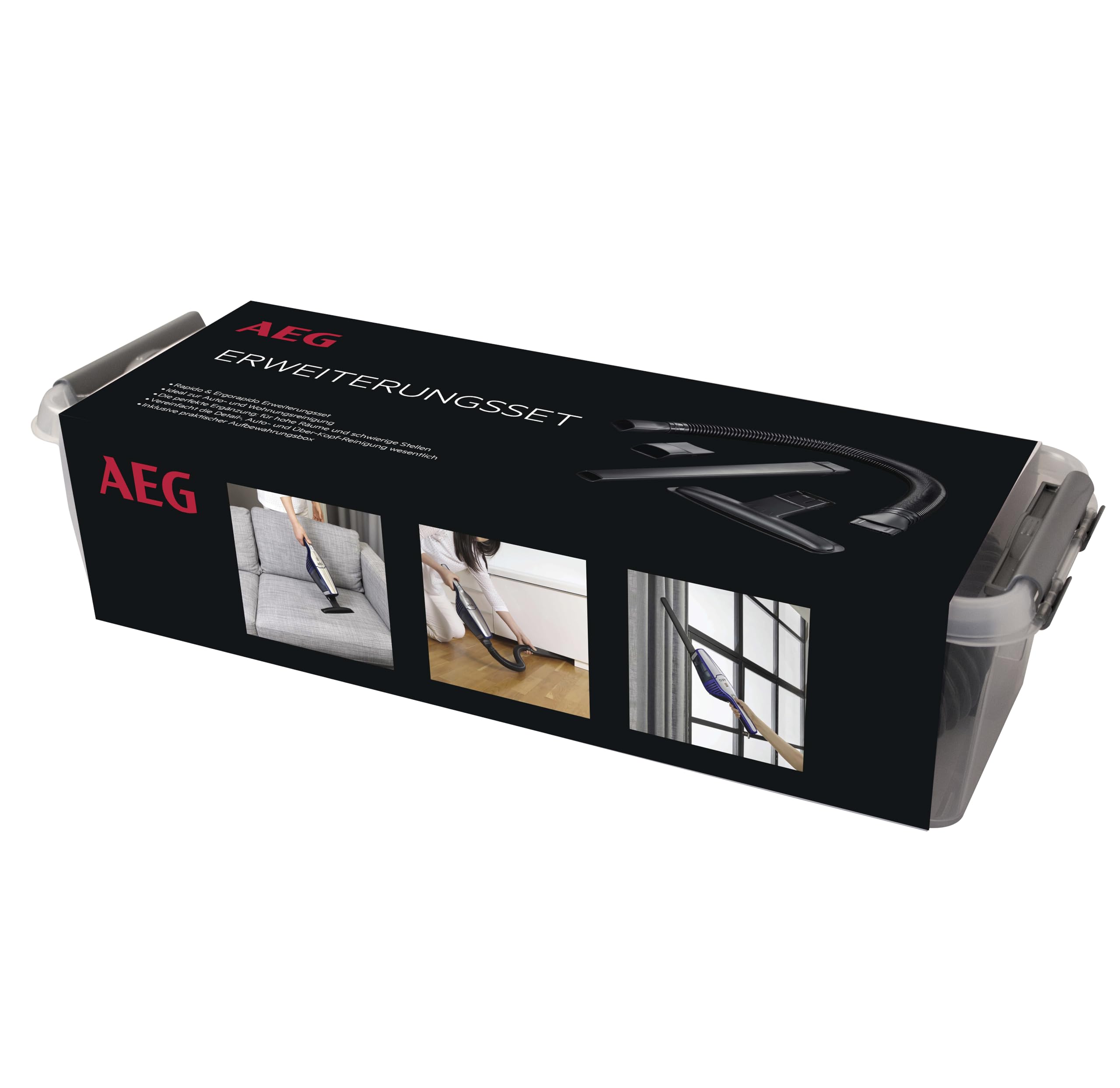 AEG AKIT360+ Erweiterungsset für CX7 Akkustaubsauger (Zubehör, Staubsaugerdüse, Detailreinigung, Zuhause und Auto, Aufbewahrungsbox, Flexibler Saugschlauch, Fugendüse, Polsterdüse, Adapter, schwarz)