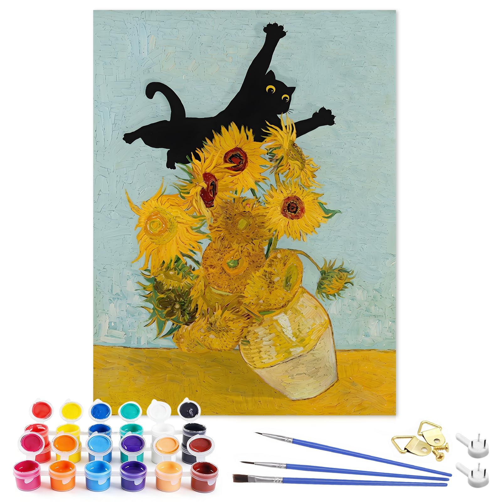 zhongko Sunflower Cat Paint by Numbers for Adults, Van Gogh Style Painting by Numbers for Adults, Black Cat DIY Painting Kit, Oxford Canvas Wall Art Decor Gift 12x16inch
