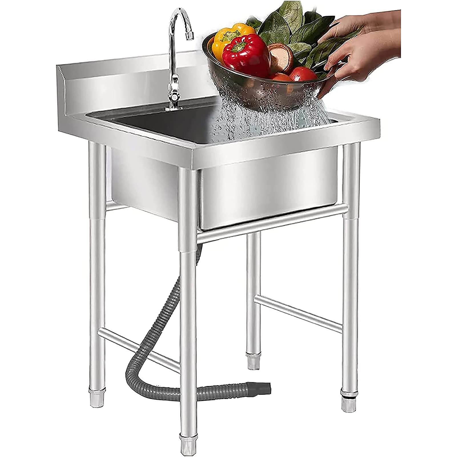 Évier de cuisine commerciale en acier inoxydable 70x70x80cm avec support et robinet