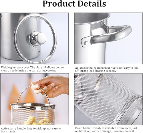 Miniatura 7 de Freidora profunda de acero inoxidable 304 con cesta de filtro de aceite y termómetro, freidora profunda de 169 onzas, olla de cocina Tempura pequeña