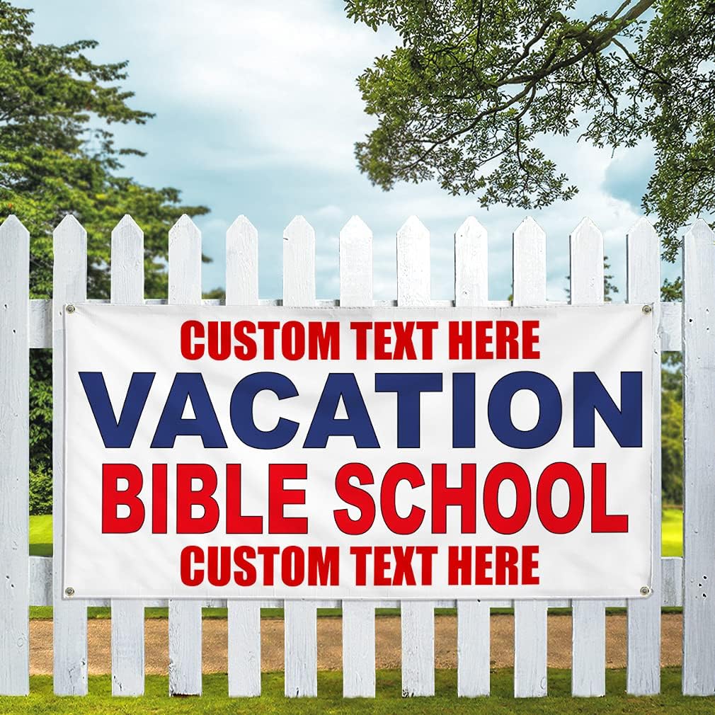 Custom Vinyl Banner Multiple Sizes Vacation Bible School Blue Red School Outdoor Weatherproof Industrial Yard Signs 4 Grommets Personalized Text Here 24x48Inches
