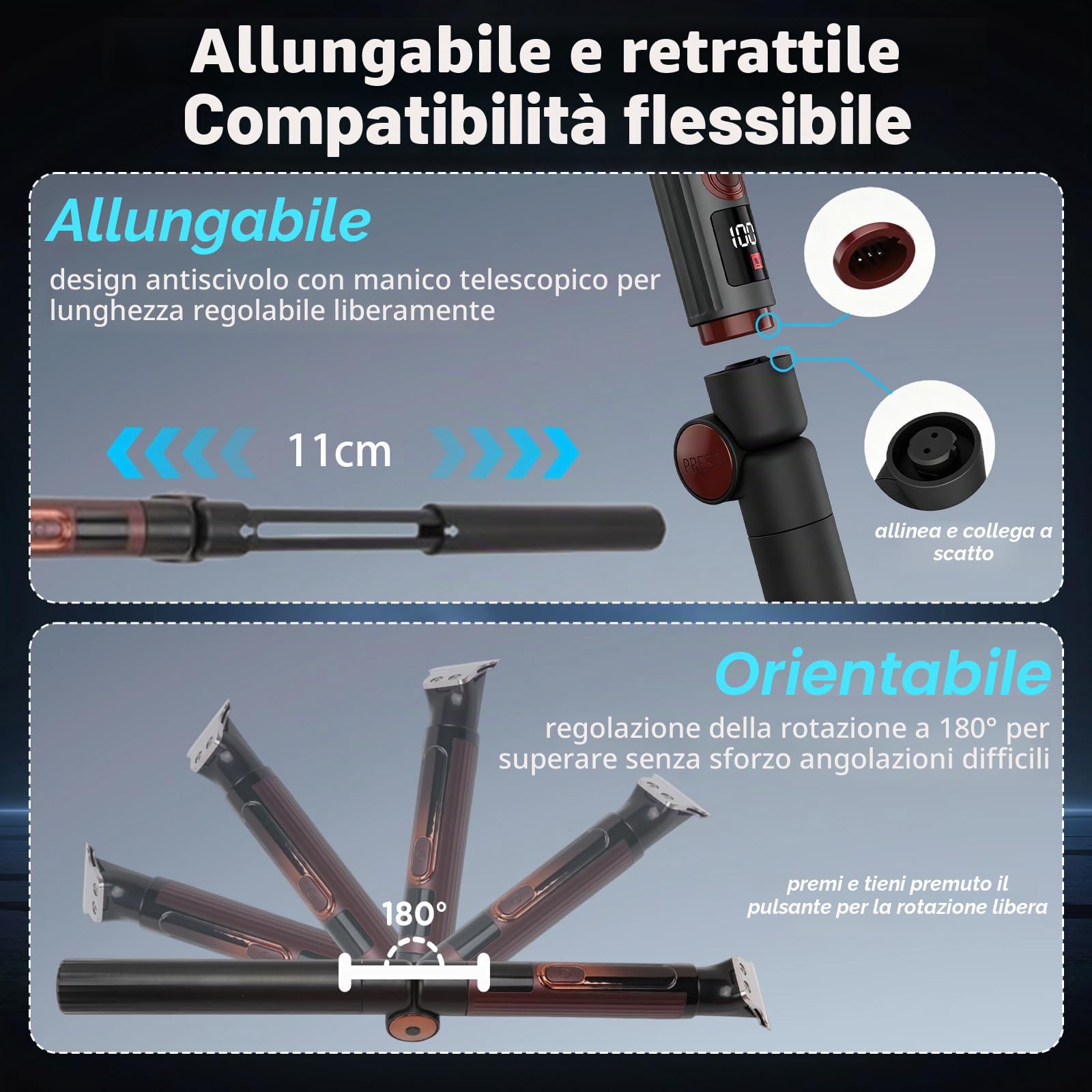 Rasoi per la schiena da uomo, 4 in 1, con manico di estensione regolabile, testine di ricambio, spazzola per la pulizia, kit elettrico per la toelettatura del corpo per schiena e petto