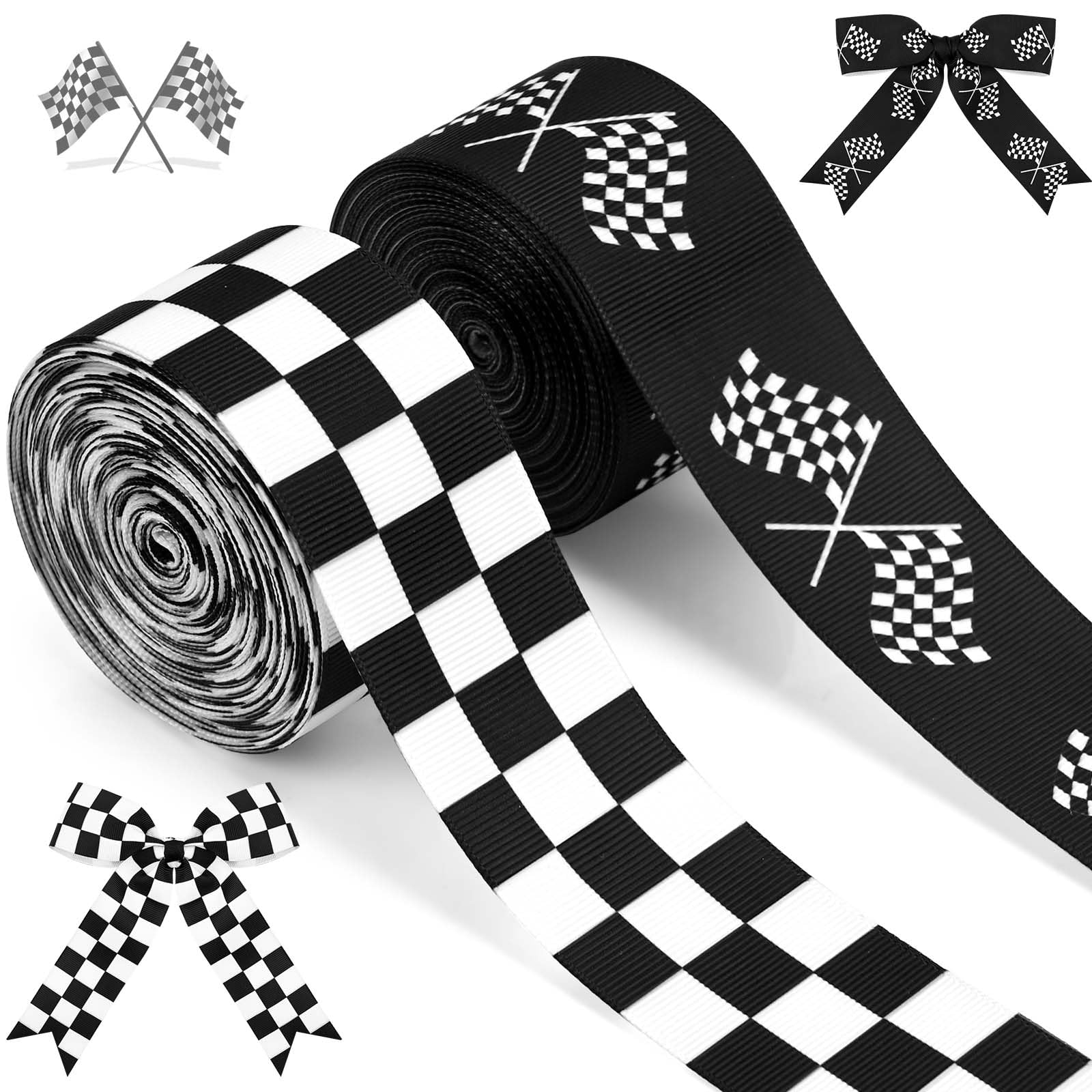 View 1 of 2 Rolls 20 Yards Racing Car Themed Grosgrain Ribbon 1.5Inch Racing Car Flag Black White Checkered Ribbon for Sport Team Party Gift Wrapping Crafts Decoration