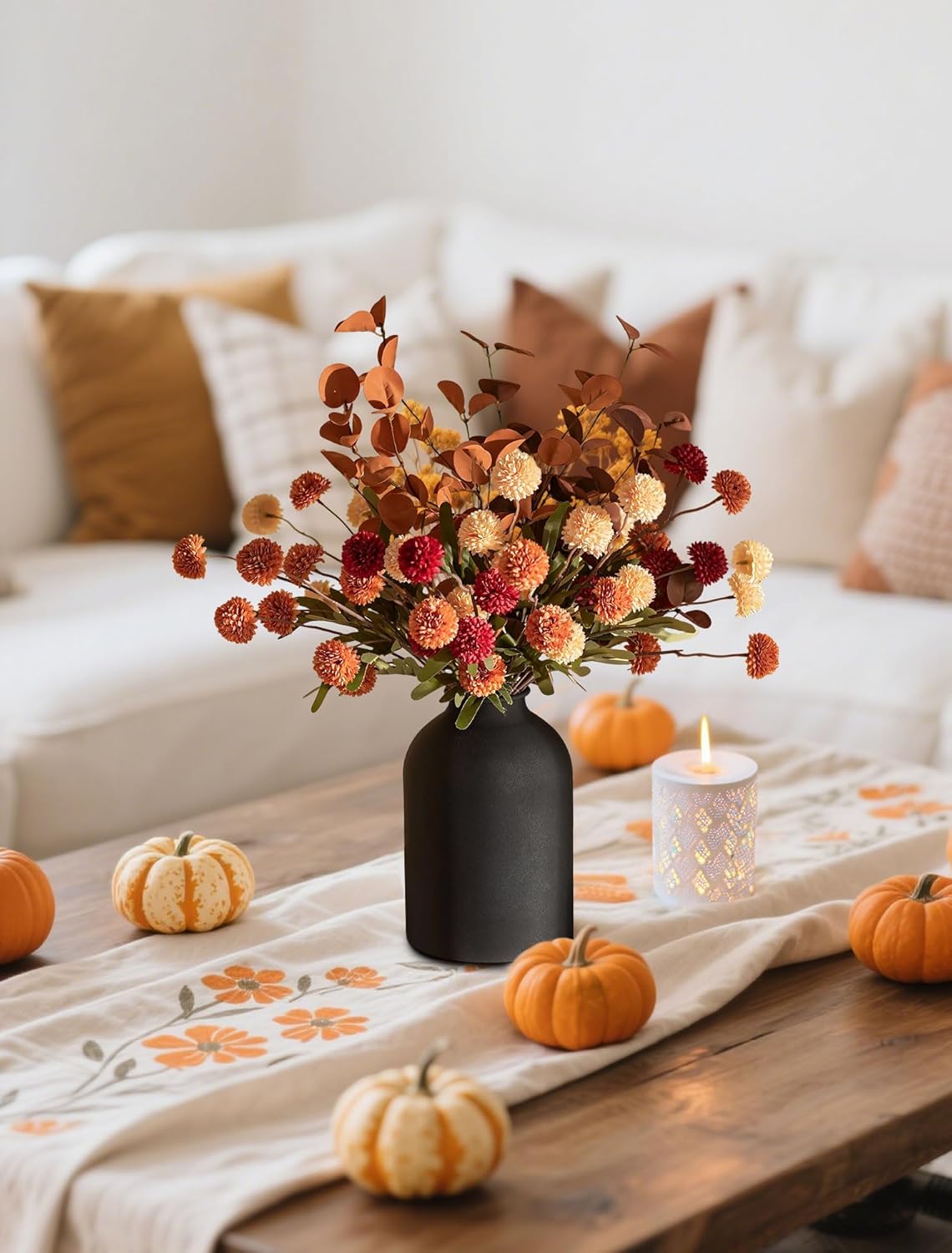 BLOSMON Flower Centerpiece Table Decorations: Metal Vase with 12 Stems of Fake Mums Kiku Flowers Eucalyptuses for Home Dining Room - Burnt Orange Artificial Pom Poms Floral Arrangement in Vase - Image 7