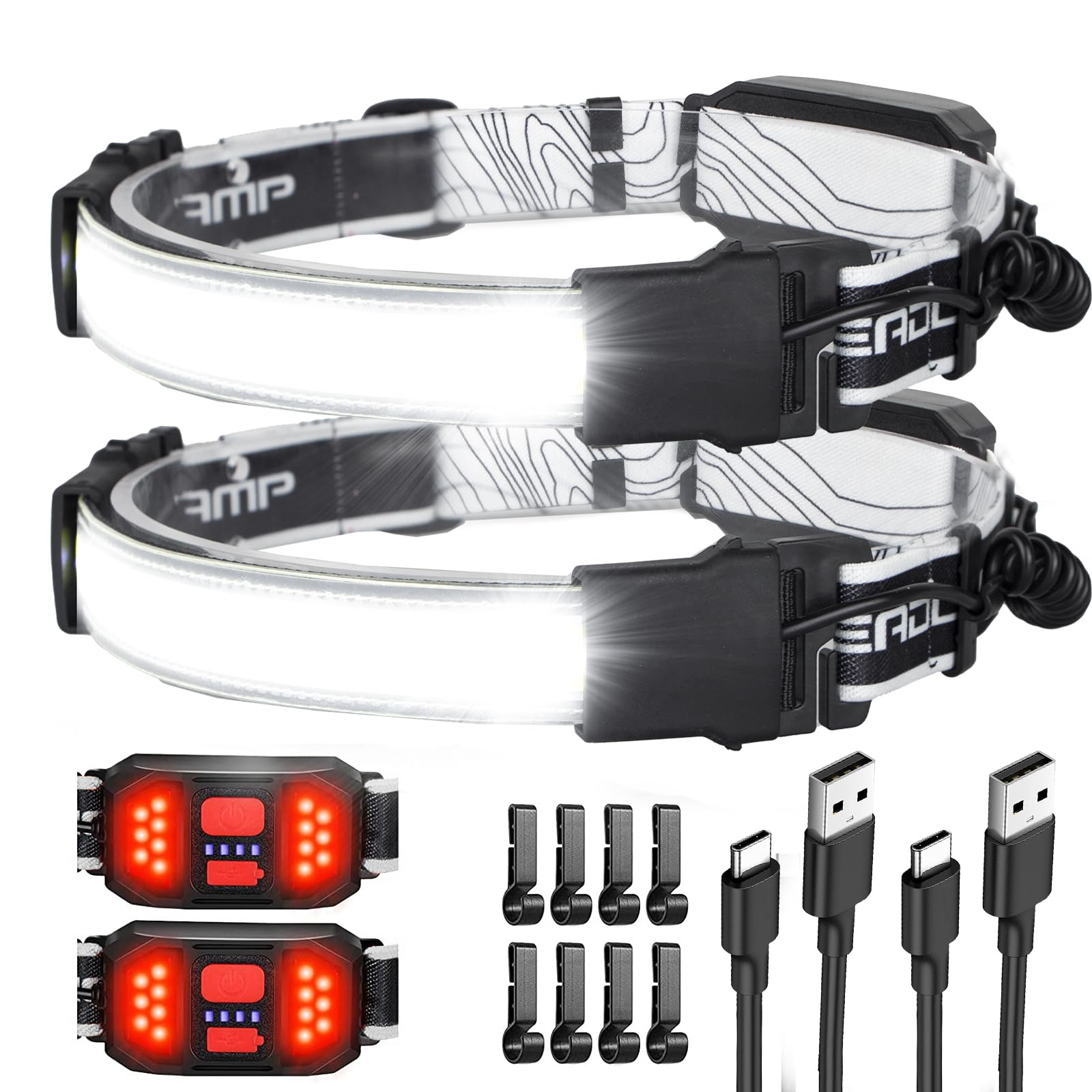 Lot de 2 lampes frontales à DEL, 1 000 lumens, 230 °, rechargeable par USB C, avec feu arrière rouge, léger et étanche pour camping, course à pied, randonnée, casque rigide