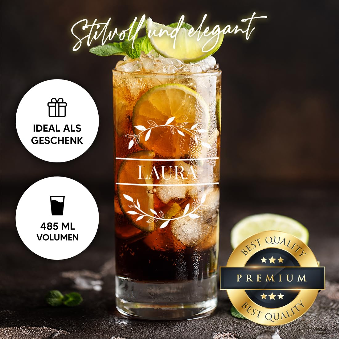 polar-effekt Longdrink Cocktailgläser 6er Set 485 ml mit Gravur - transparente Trinkgläser - Geschenk zum Geburtstag - ideal für Bier, Wasser, Saft und Drinks