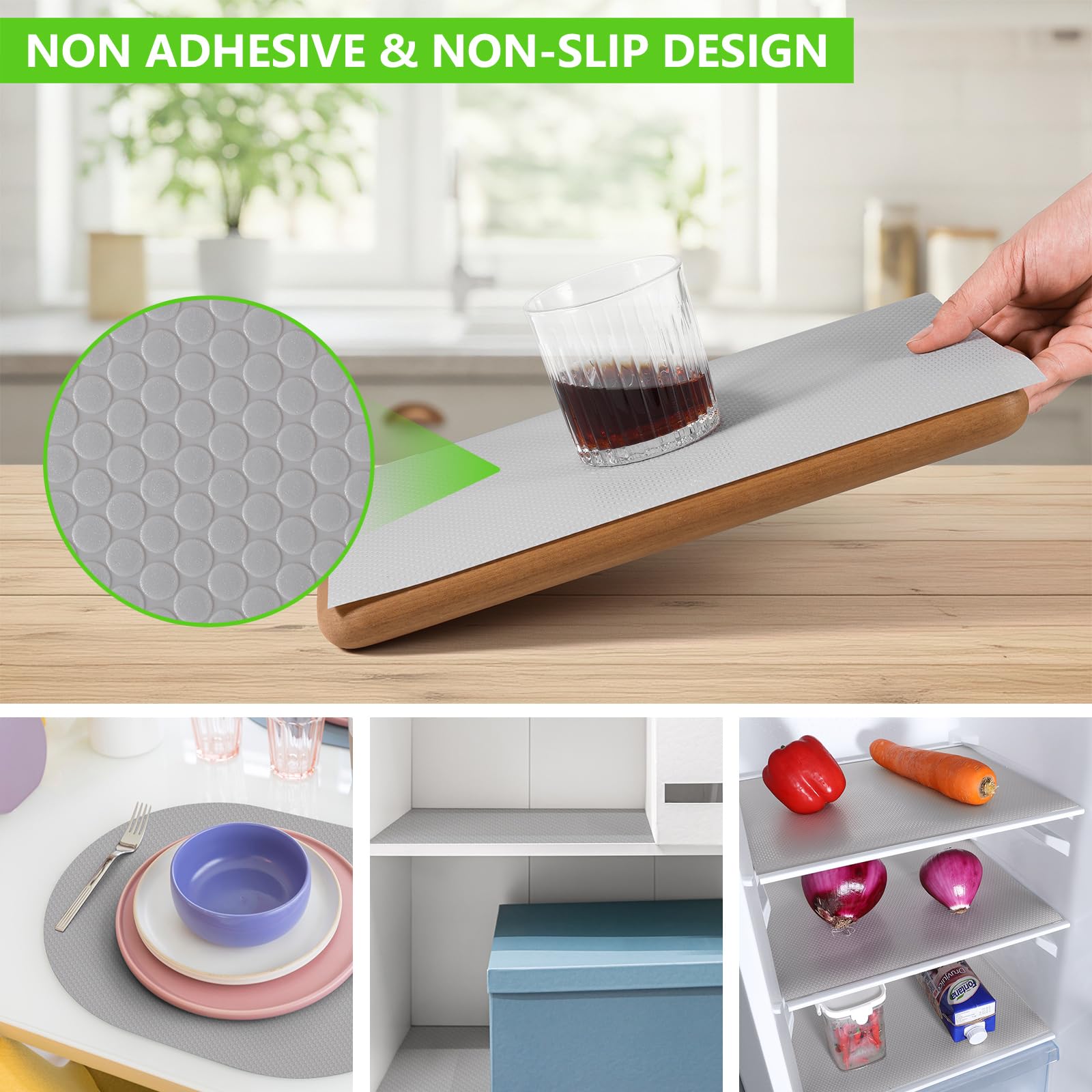 Revestimientos de estante gris claro para gabinetes de cocina, forro de cajón no adhesivo para baño, impermeables, para refrigerador, tapetes de plástico, forro de armario, 23.6 x 236.2 pulgadas