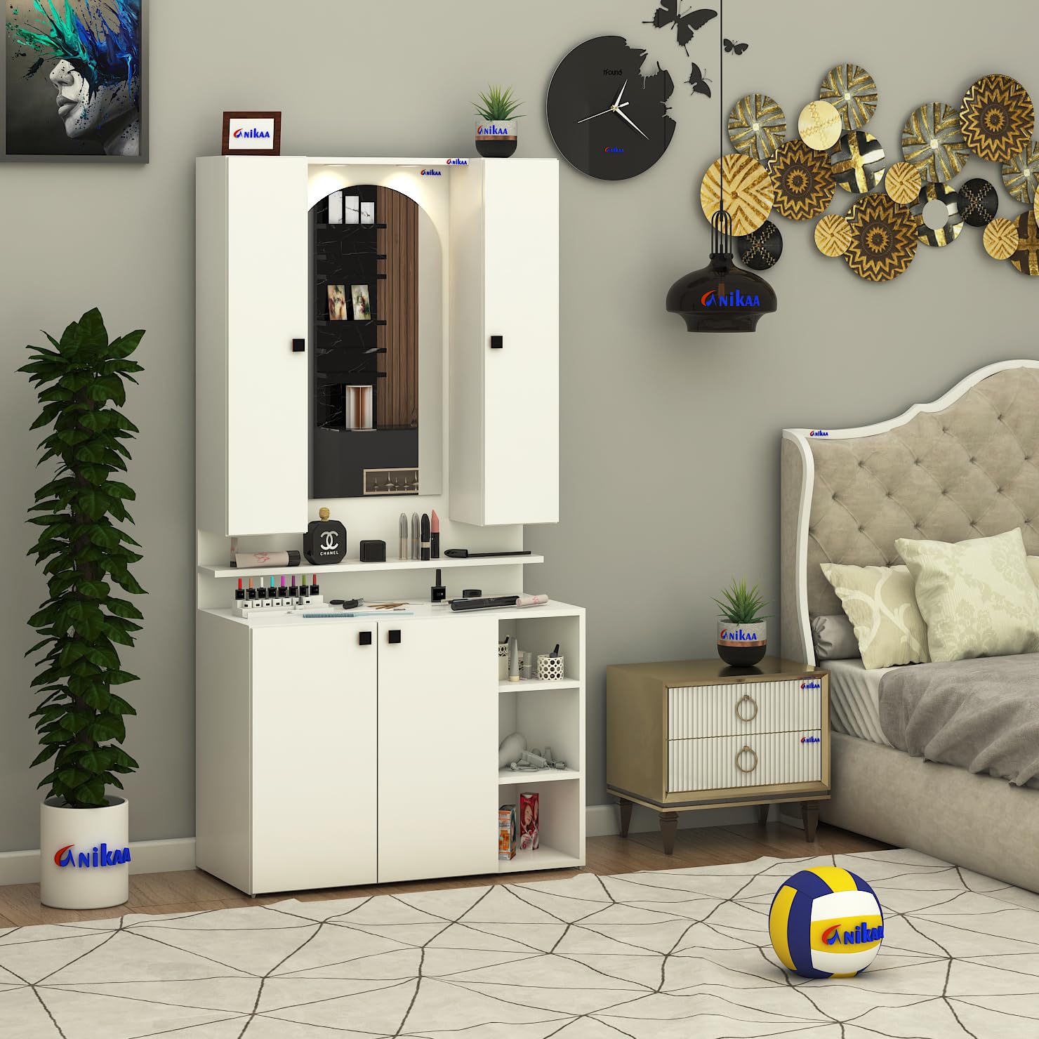 Anikaa Opulex Engineered Wood Dressing Table with Mirror Cabinet, LED Lights, Storage Shelves & Back Panel - Wall Mounted Makeup Vanity & Organizer for Bedroom -(White) DIY Installation