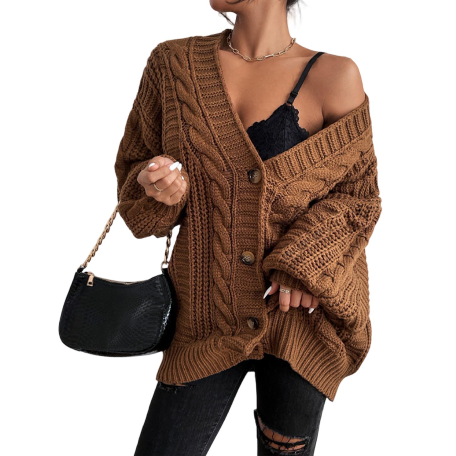 Button Up Sweaters for Women Fall Casual Fuzzy Cardigan Cable Knitted Sweater Soft Warm Cozy Dressy Cute Clothes