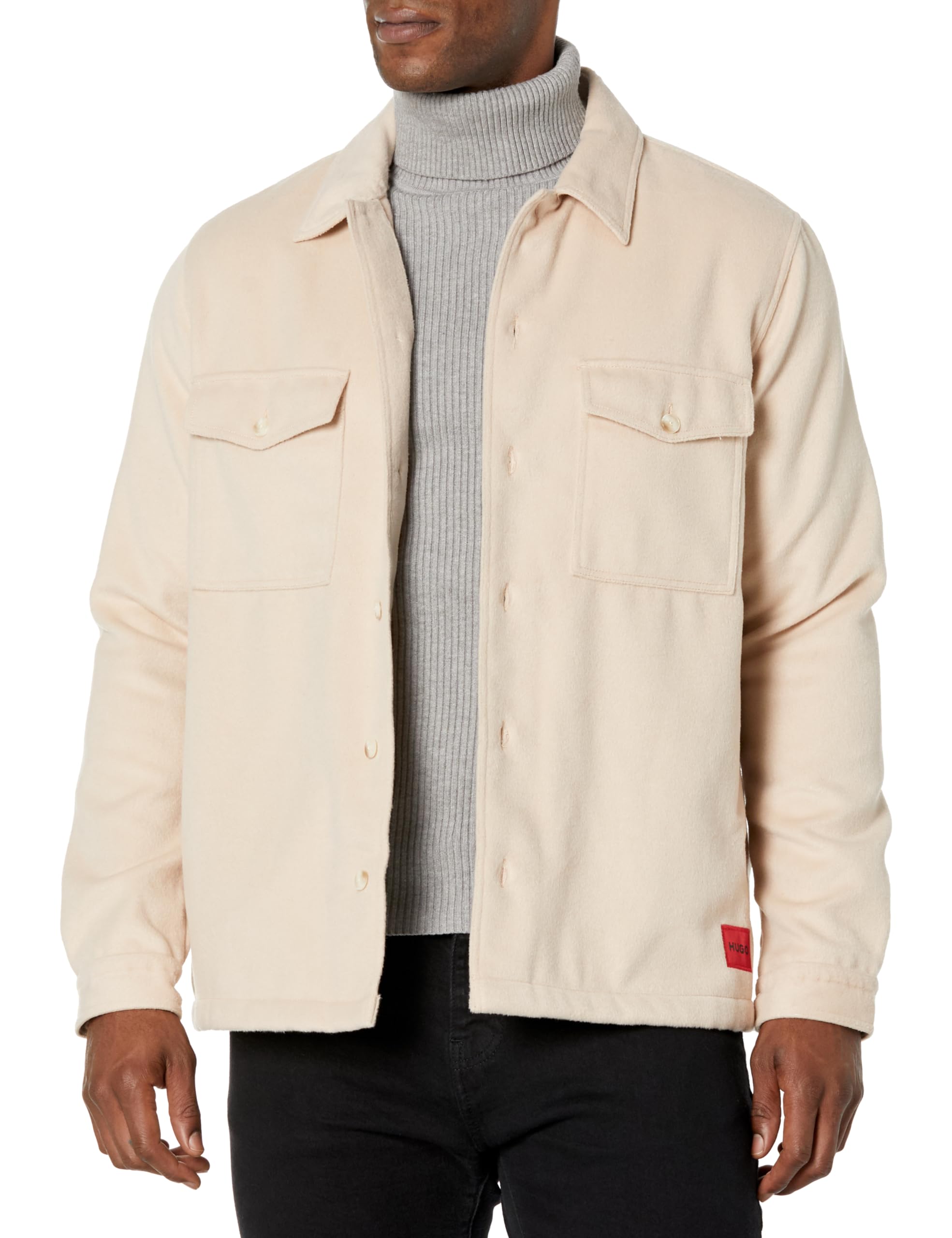 Hugo Men's Wool Twill Patch Pockets Button Down Overshirt, Sandstone Beige, Medium