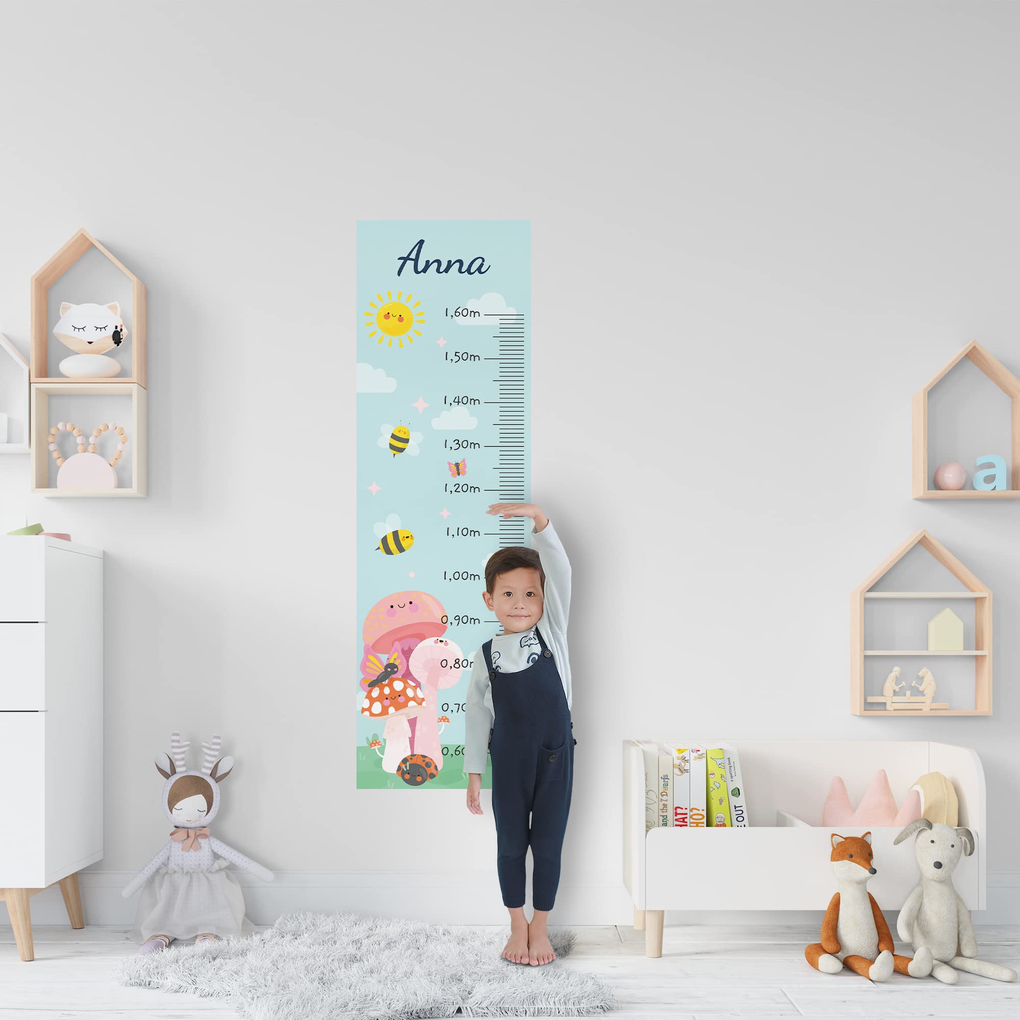 Toise - Adhesivo de pared personalizado para habitación infantil, diseño de hongos y abejas, 130 cm.