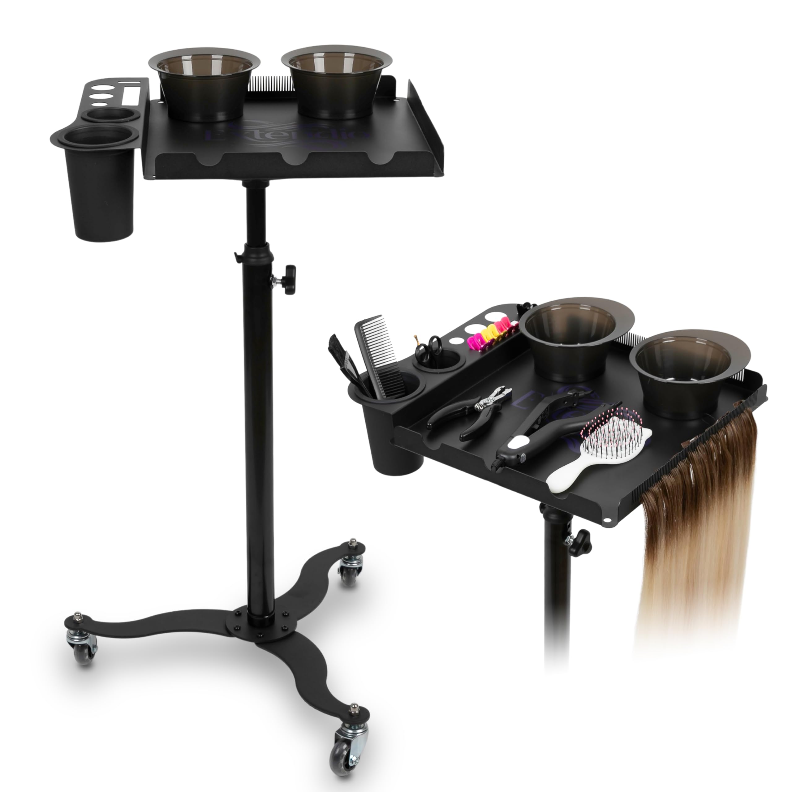 Carrito de peluquería Profesional – móvil y Ajustable en Altura. Bandejas Resistentes al Calor, Cuencos magnéticos y Soporte para Extensiones – Ideal para Salones de Belleza y estilistas móviles