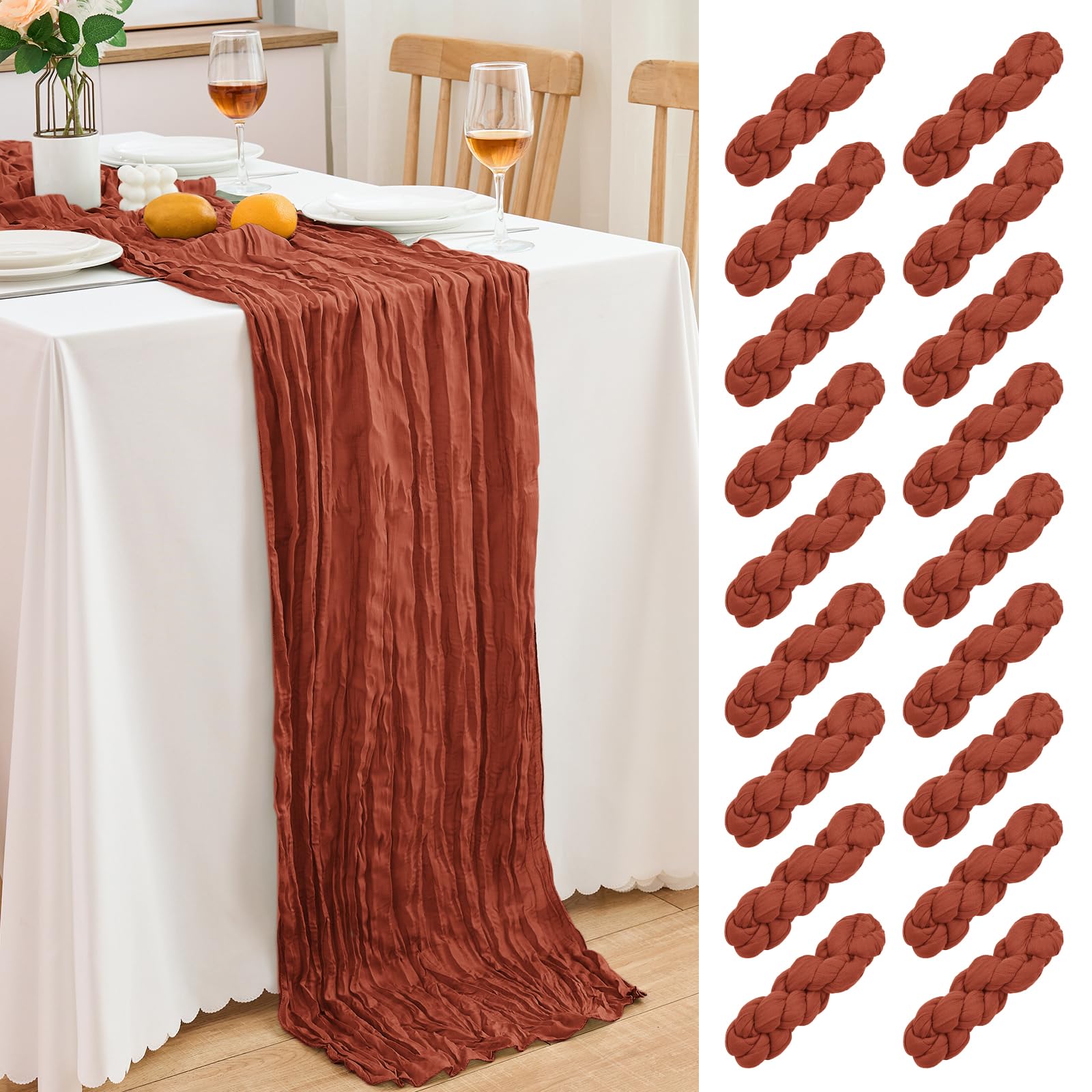 Photo 1 of 18 Pack Terracotta Cheesecloth Table Runner 21.5x120 Inch, Semi Sheer Boho Gauze Cheese Cloth Fabric Table Runners 10 FT Long for Wedding Party Baby Shower Birthday Home Decor