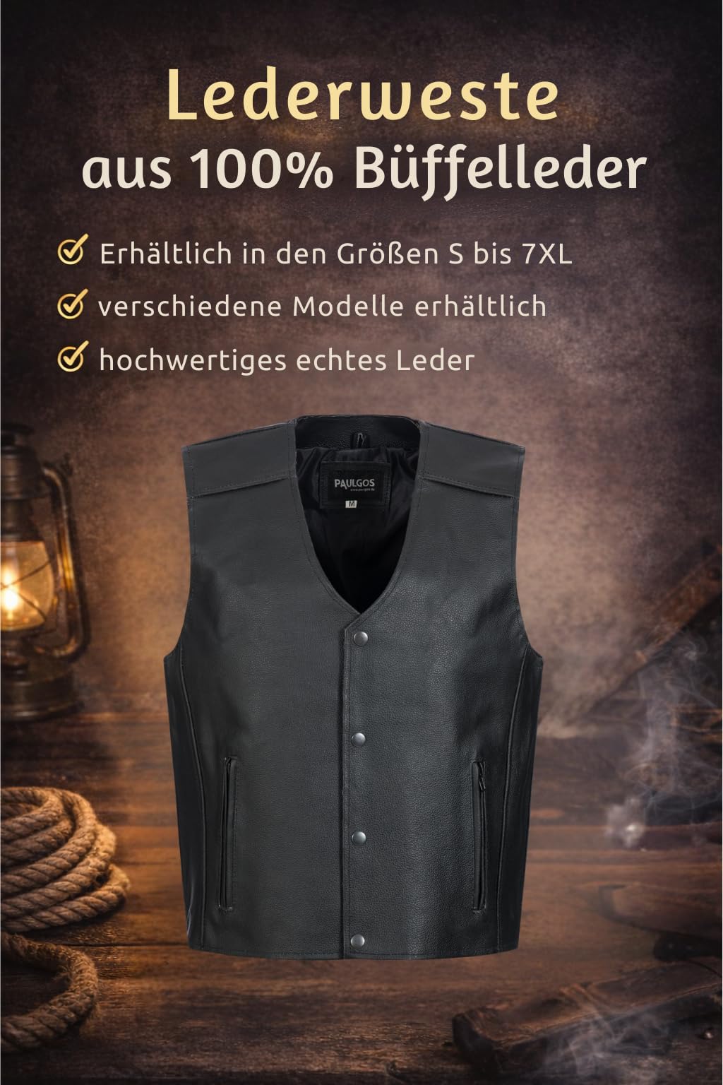 PAULGOS Lederweste Weste Kutte Leder Biker Rocker Motorrad Clubweste Bikerweste Motorradweste Schwarz BW3