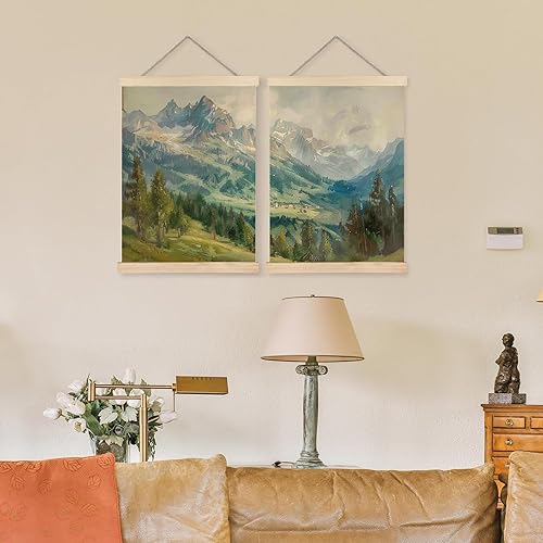 Miniatura 3 de bitCNY Juego de 2 lienzos de paisaje de montaña, 12 x 16 pulgadas, impresiones en lienzo vintage de bosque alpino, pósteres de pintura natural sin