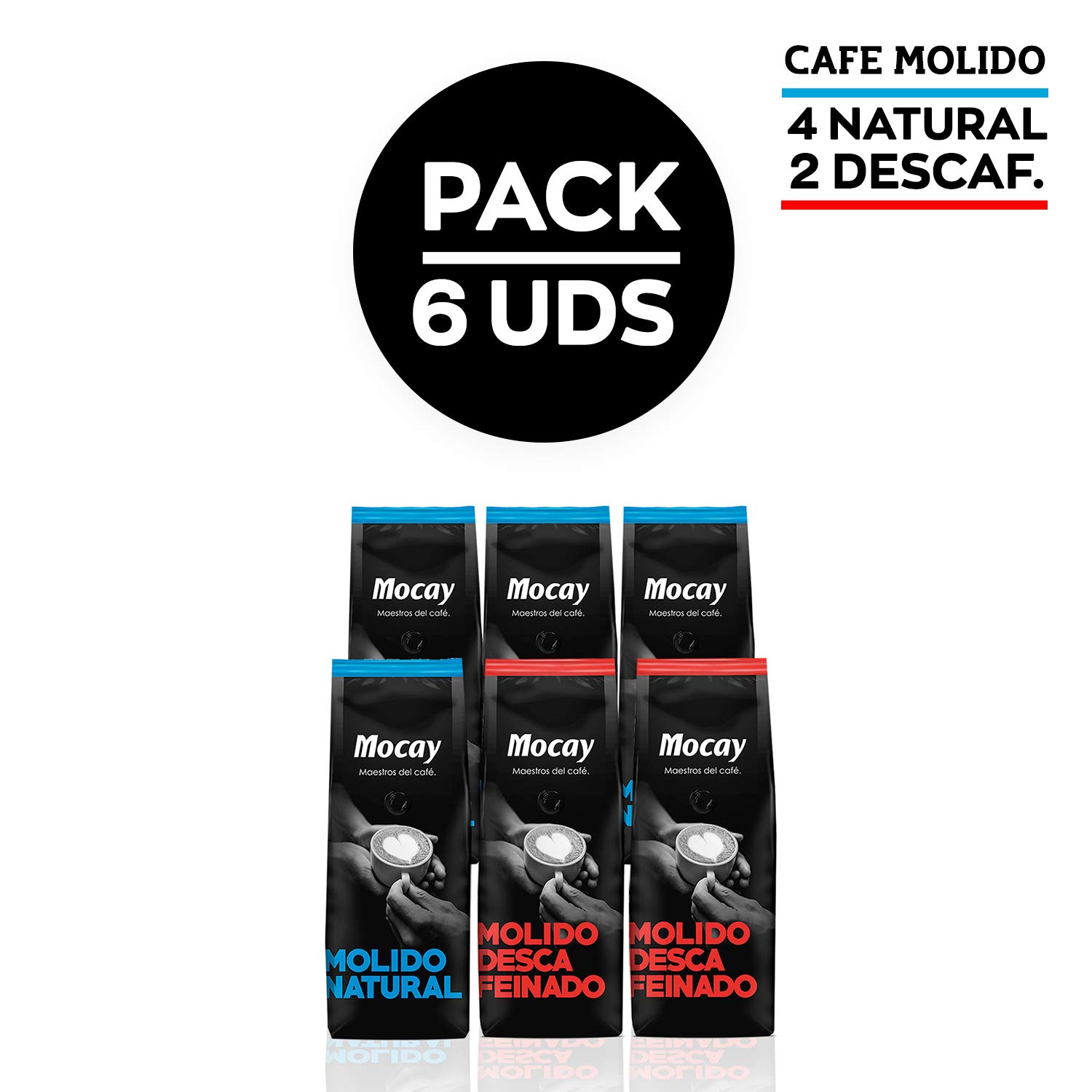 Caffé Mocay – Pack Mixto de Café - 4 Paquetes de Café Molido Natural – 2 Paquetes de Café Descafeinado - 6 x 250 gr