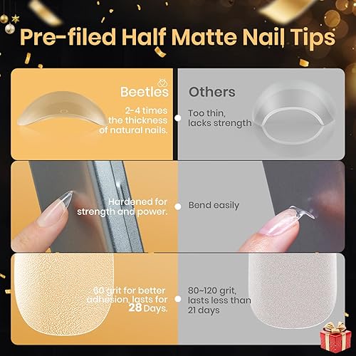 Vista 4 de Beetles Gel Nail Kit Etch-X, Almond Short, 504pcs 12 Sizes Nail tips, with 9 in 1 Nail Glue Mini LED Light, Acrylic Half Matte Tips Press On Nail