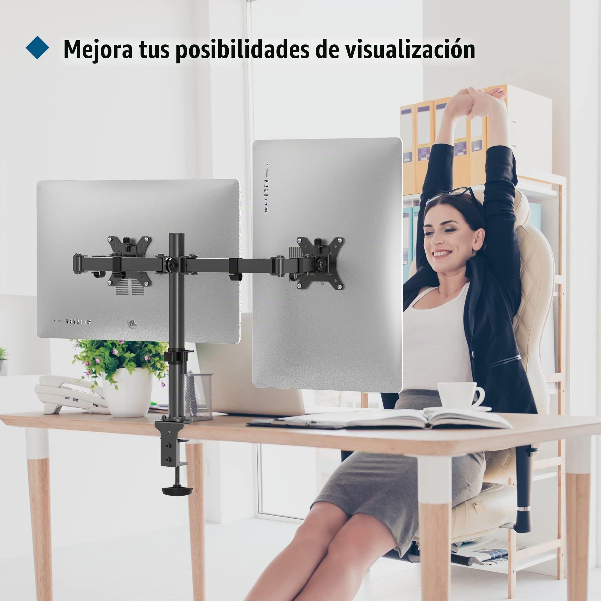 BONTEC Soporte Doble Monitor para Pantallas de 13-32 Pulgadas, Brazo de Monitor Doble Ajustable en Altura con 2 Métodos de Instalación, Rotación Inclinable y Giratoria, VESA 75x75/100x100