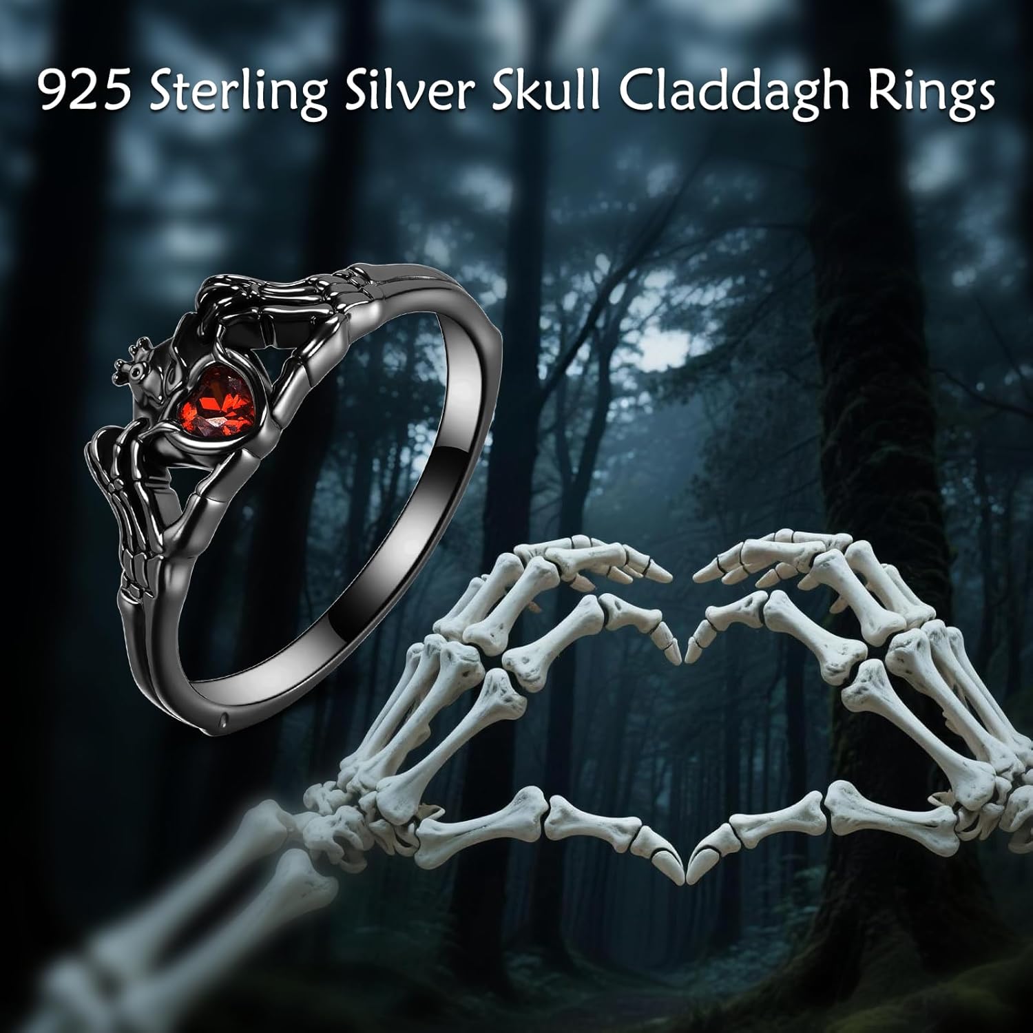 Skull Claddagh Rings 925 Sterling Silver Skull Hand Heart Ring Goth Claddagh Jewelry Gifts for Women