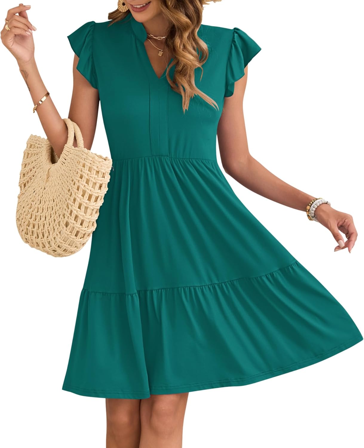 AUSELILY Women's Summer Ruffled Sleeve Dresses V Neck Empire Waist Mini Sundress with Pockets 2025 New