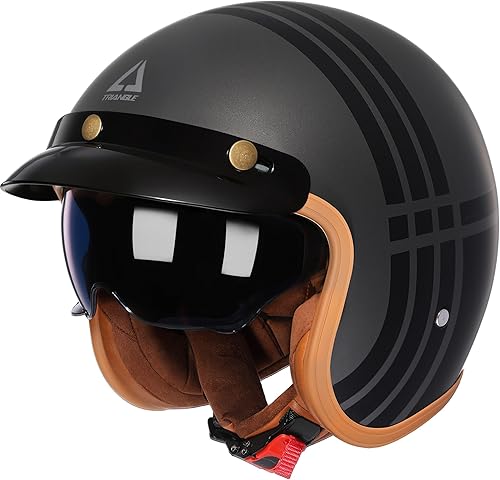 TRIANGLE Casco de motocicleta 34, casco retro de cara abierta para adultos con visera, casco de ciclomotor de media cara para hombres y mujeres,