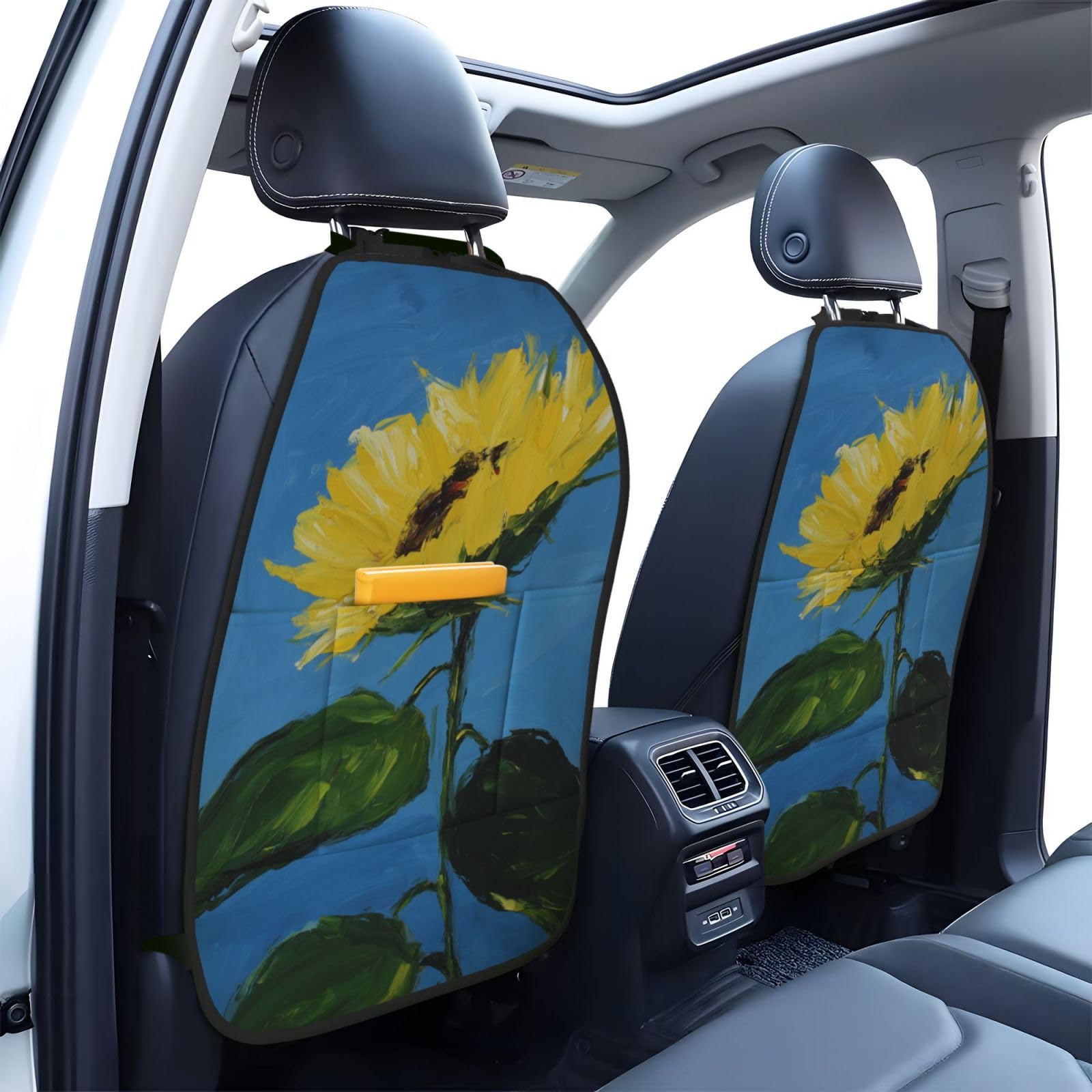 Yellow Sunflower Car Seat Back Kick Protectors,2 Pack Kick Mats With Storage Pockets For Vehicles To Protect From Dirt Mud Scratches